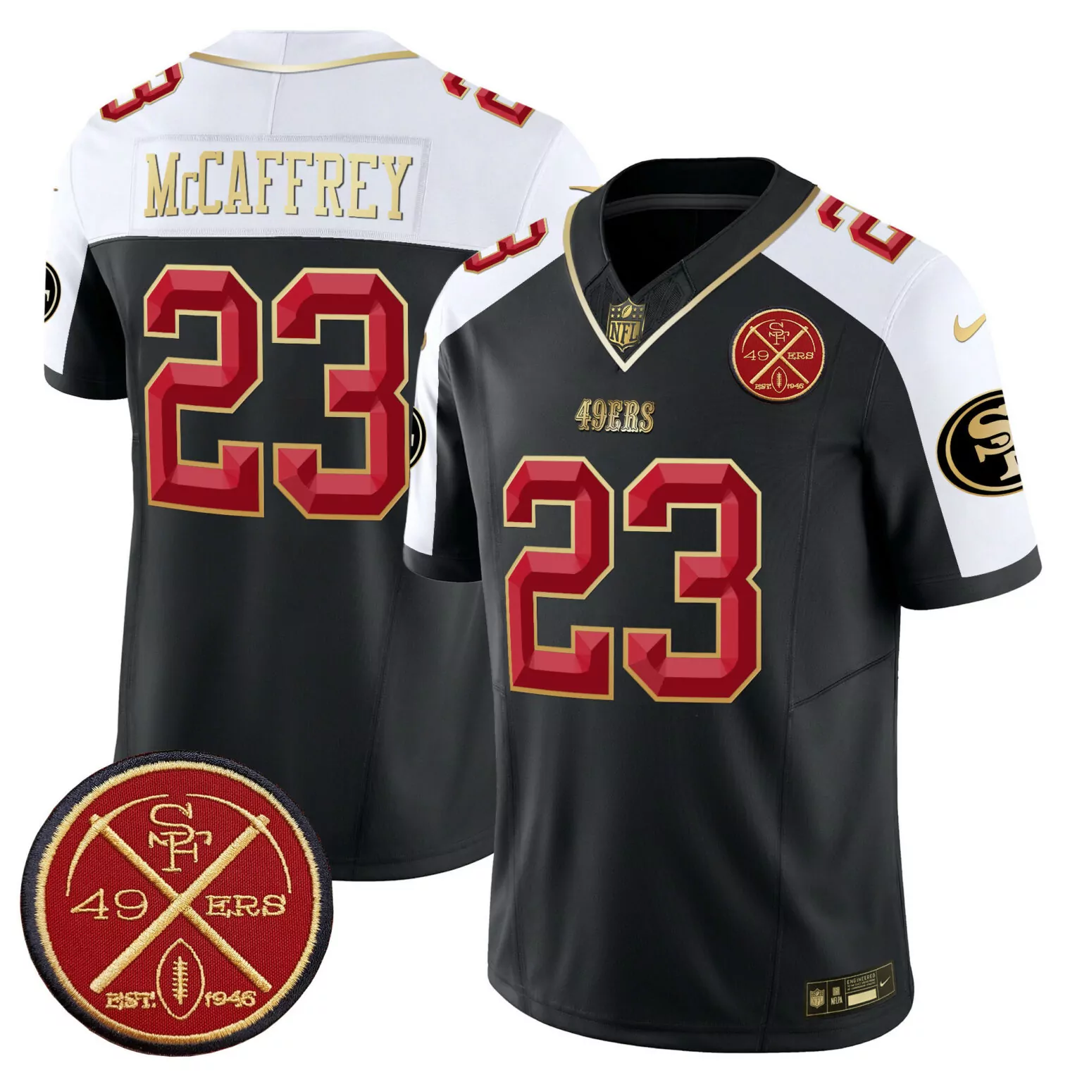 Christian Mccaffrey 23 49ERS Jersey Black 1946 Men Alternate Custom Design White