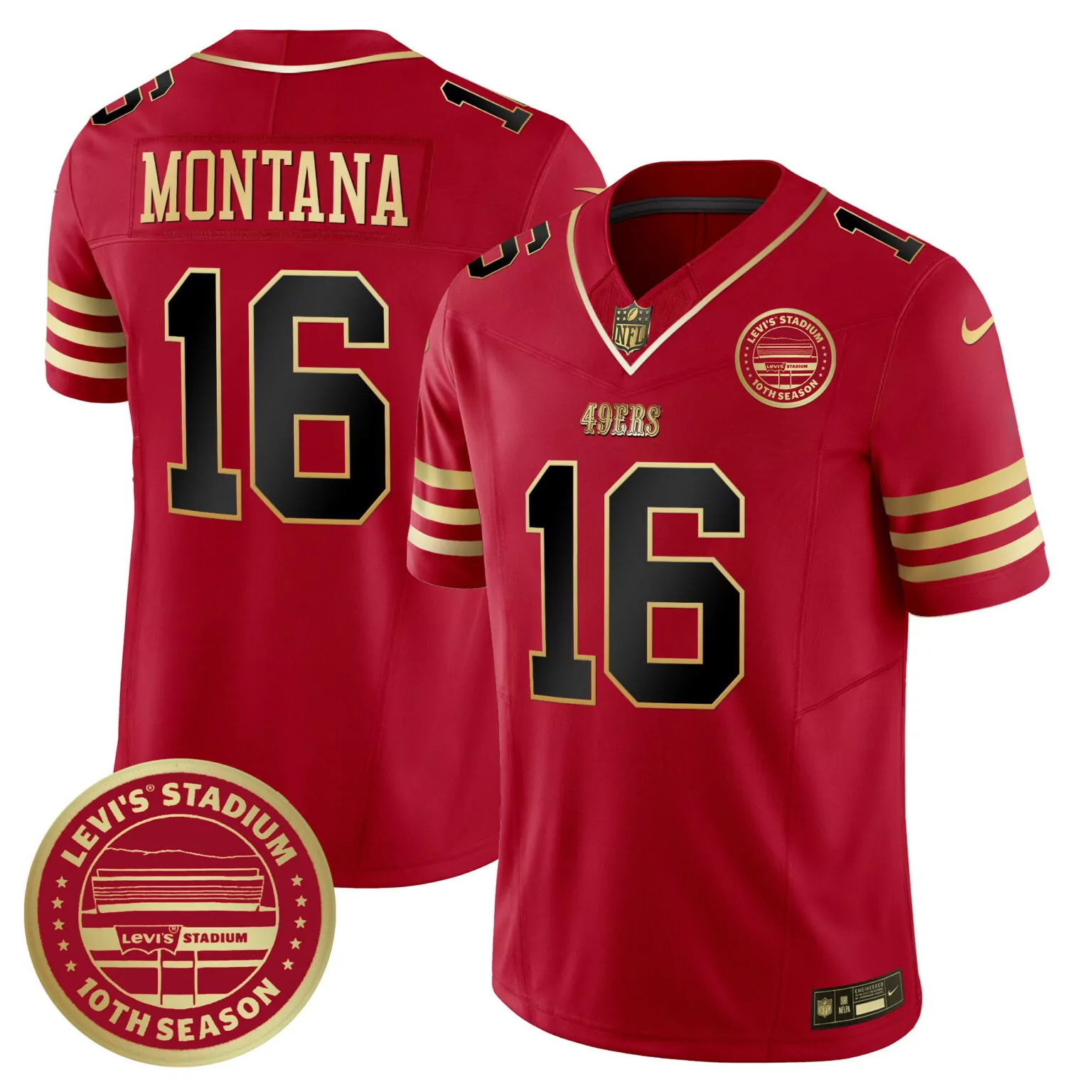 Joe Montana 16 49ERS Jersey Red Levi's Stadium 10th Season Men Gold All Stitched