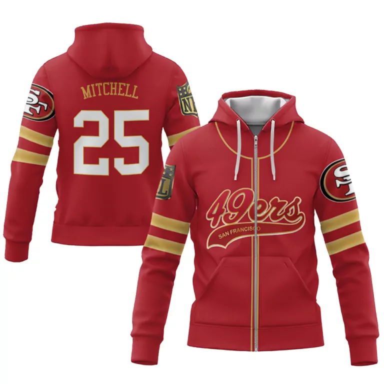 Mitchell 25 San Francisco 49ers Jersey Red Men Zip Hoodie Gold White Cool Base Limited