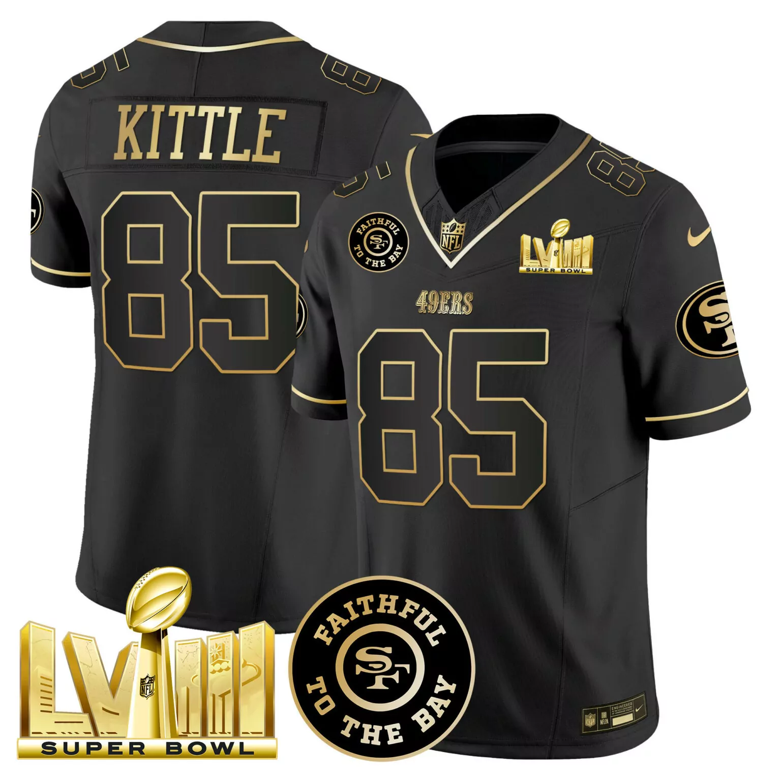 George Kittle 85 49ERS Jersey Black Super Bowl Lviii Men Gold v2 All Stitched