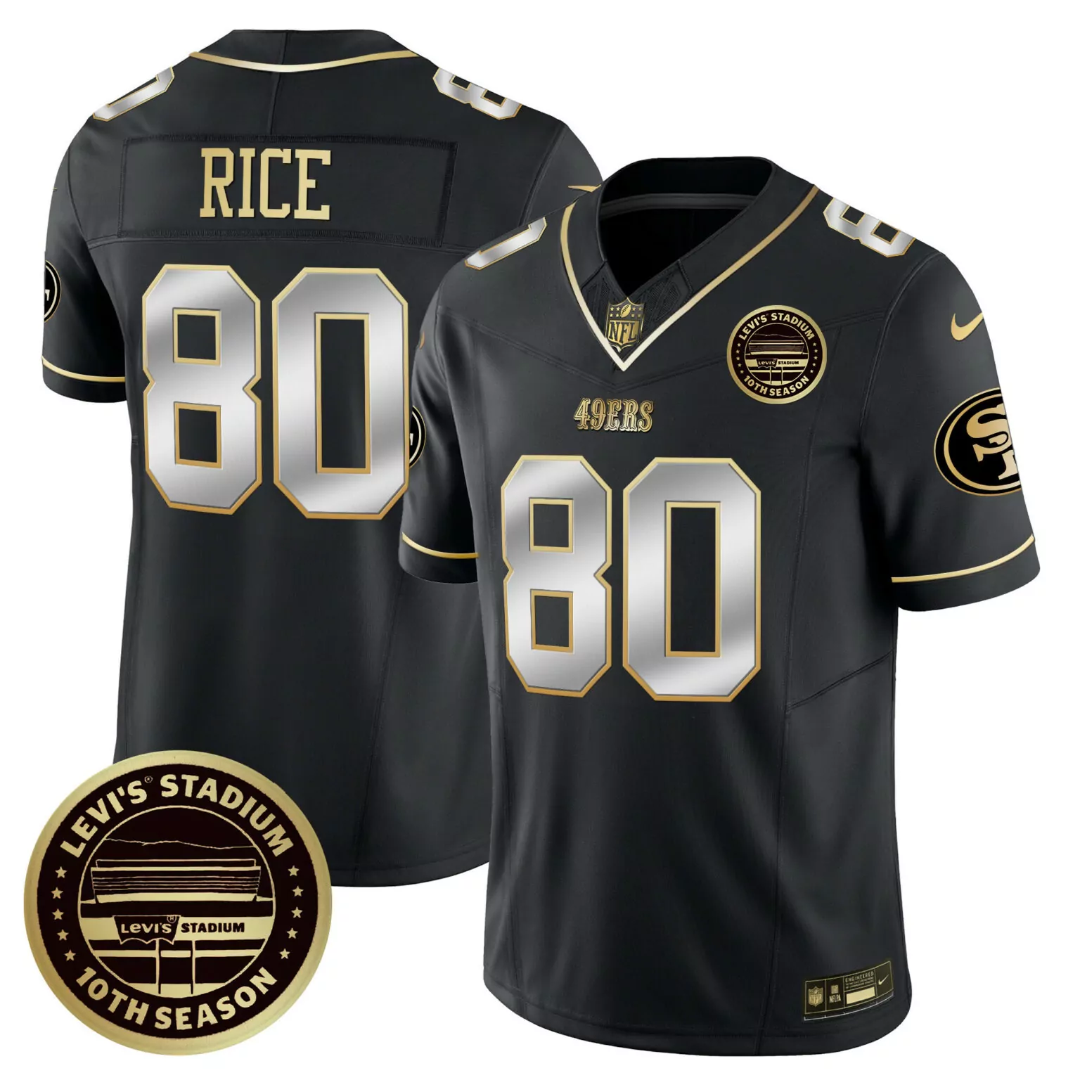 Jerry Rice 80 49ERS Jersey Black Levi's Stadium 10th Season Men Game Gold Silver