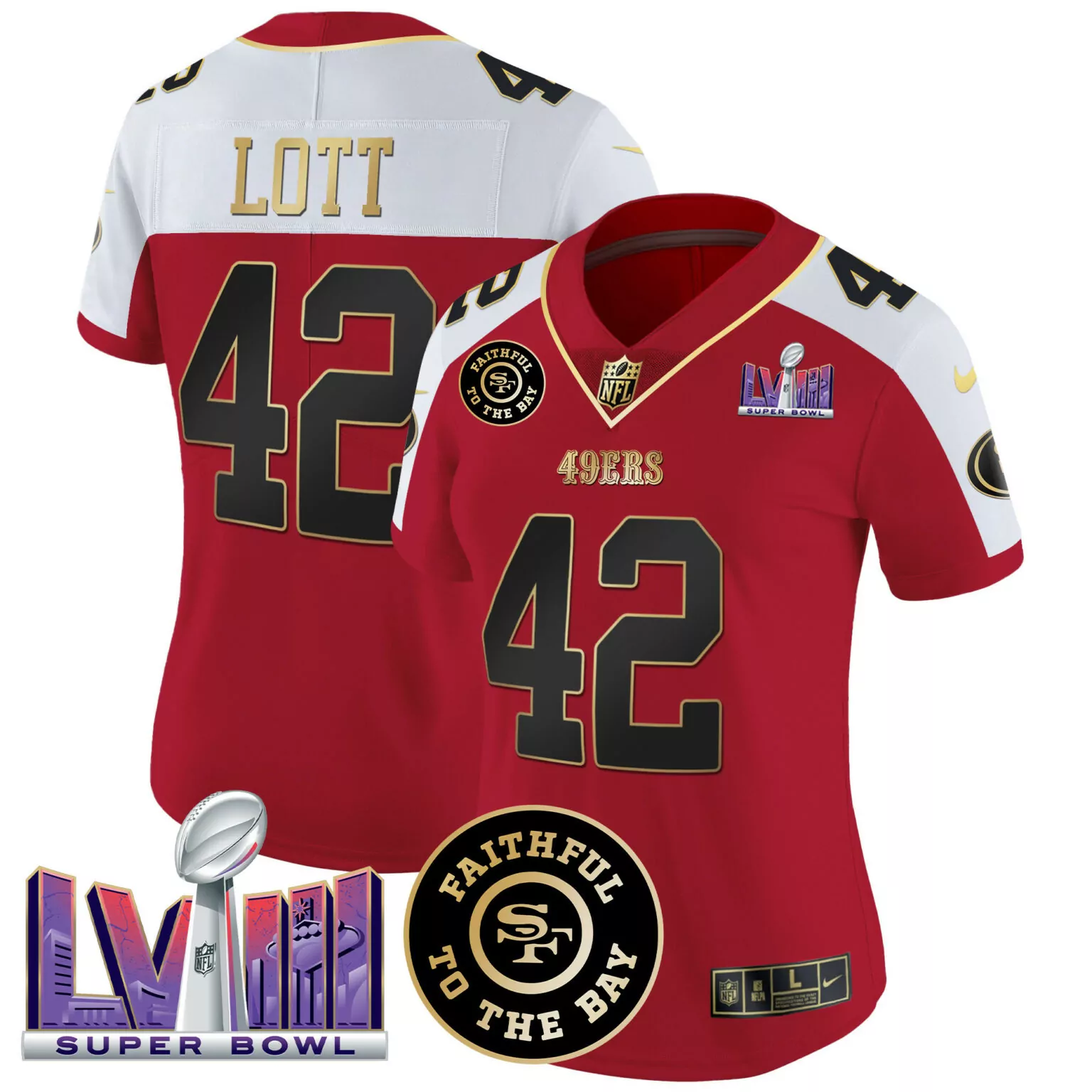 Ronnie Lott 42 49ERS Jersey Red Super Bowl Lviii Faithful To Bay Men Game Split Design