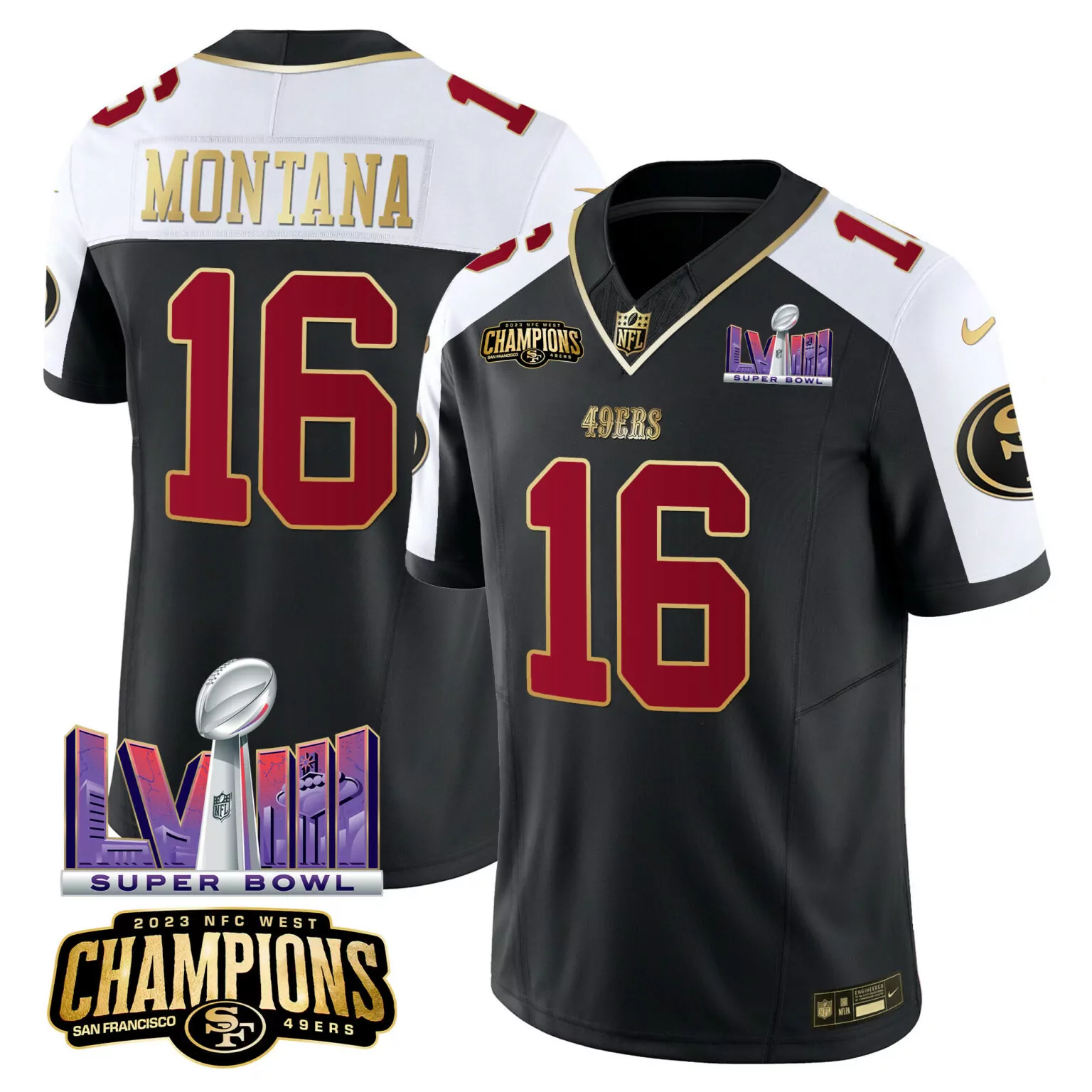 Joe Montana 16 49ERS Jersey Black Super Bowl Lvii Champions 2023 AFC West Men Authentic