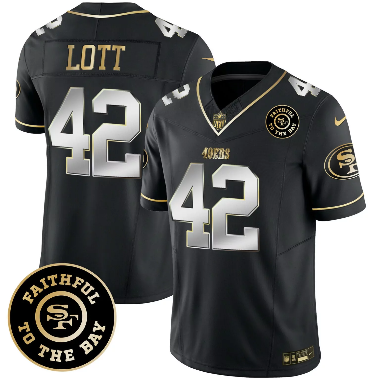 Ronnie Lott 42 49ERS Jersey Black Faithful To Bay Men Game Gold Silver All Stitched