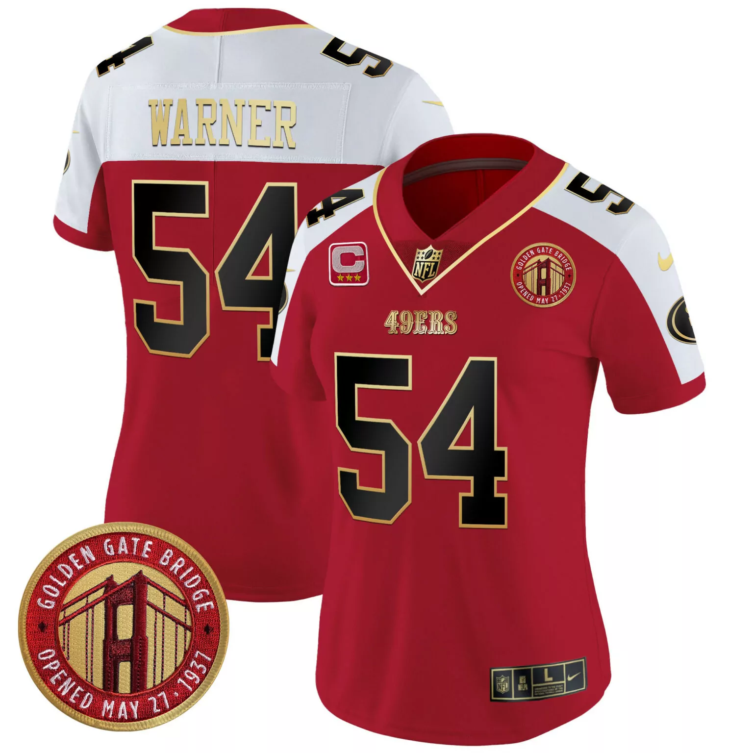 Fred Warner 54 49ERS Jersey Red Golden Gate Bridge Men Player Split Design White