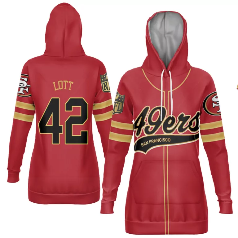 Ronnie Lott 42 Jersey Red San Francisco 49ers Women Hoodie Gold Black Cool Base Limited
