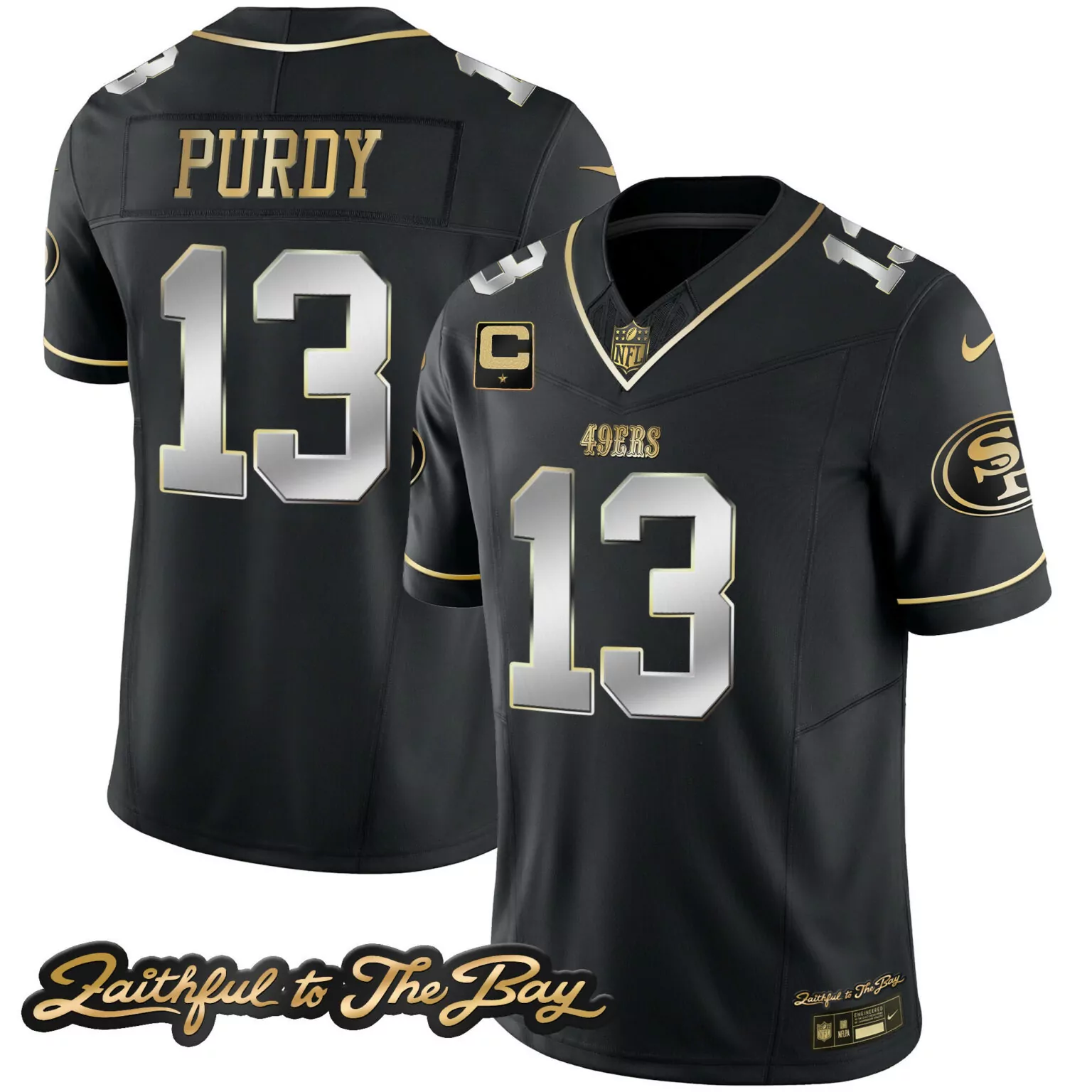 Brock Purdy 13 49ERS Jersey Black Faithful To The Bay Men Replica Alternate Gold