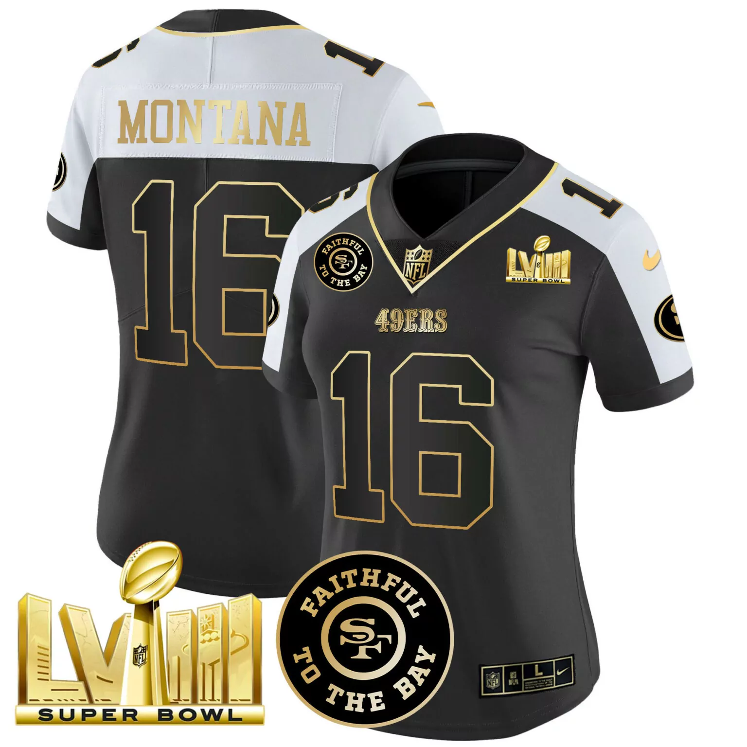 Joe Montana 16 49ERS Jersey Black Super Bowl Lviii Men Alternate Split Design White