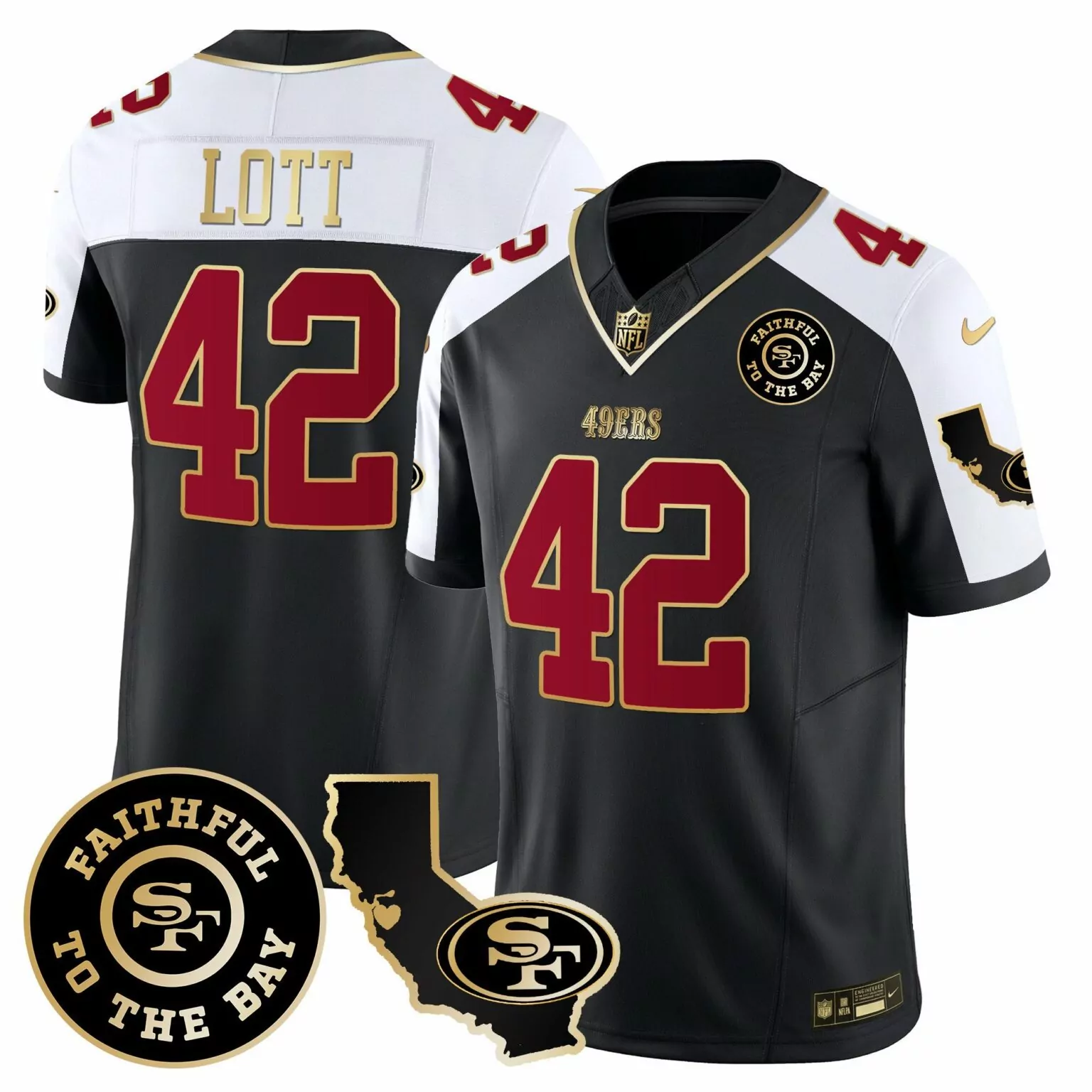 Ronnie Lott 42 49ERS Jersey Black Faithful To The Bay California Shape Heart Men