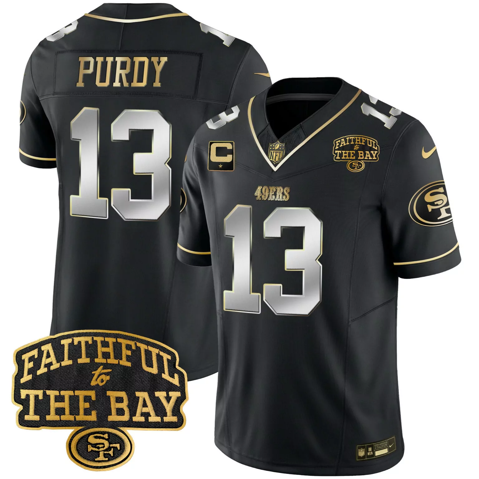Brock Purdy 13 49ERS Jersey Black Faithful To The Bay 2023 Men Replica Gold Silver
