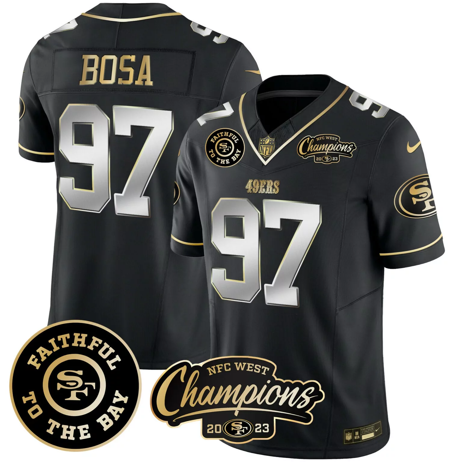 Nick Bosa 97 49ERS Jersey Black NFC West Champions 2023 Men Gold Silver All Stitched