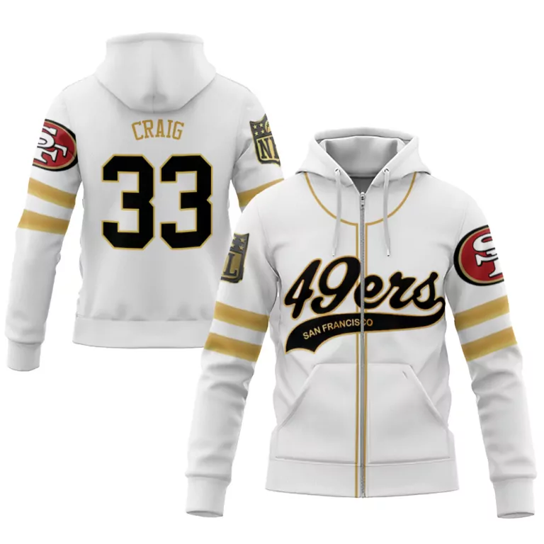 Craig 33 San Francisco 49ers Jersey White Men Hoodie Gold Cool Base Limited V2