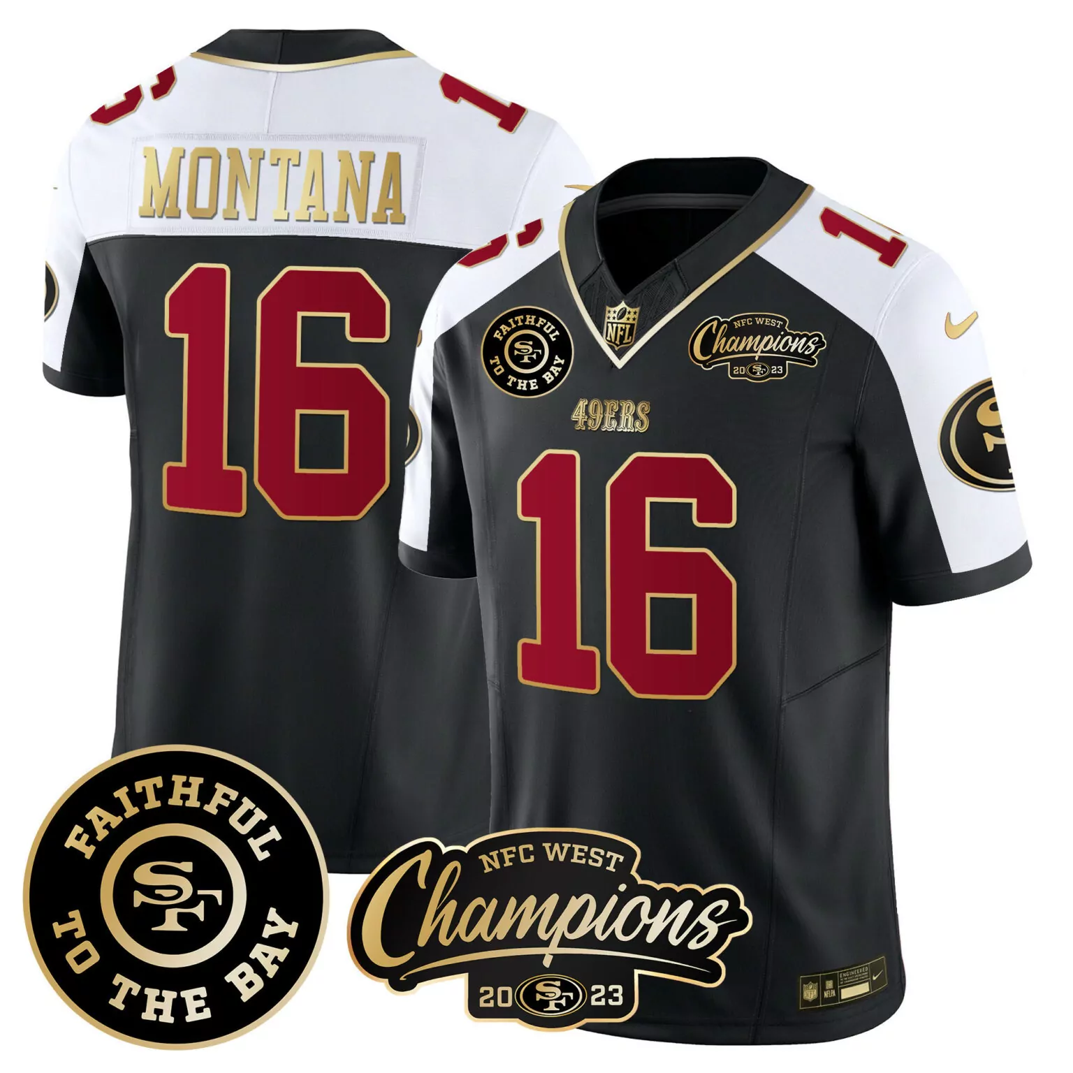 Joe Montana 16 49ERS Jersey Black Faithful To The Bay NFC West Champions 2023 Men