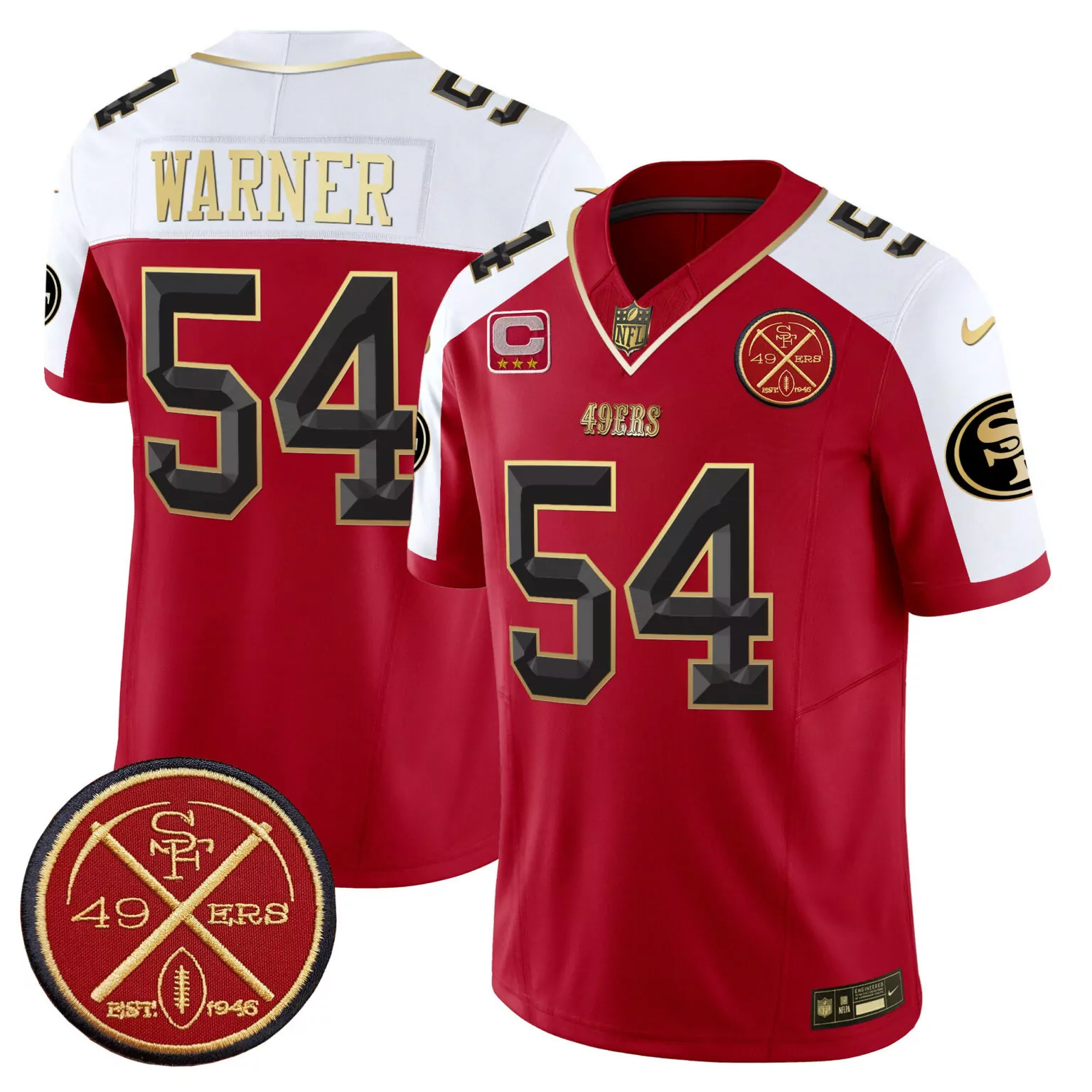 Fred Warner 54 49ERS Jersey Red 1946 Men Player Split Design White Gold Black Alternate