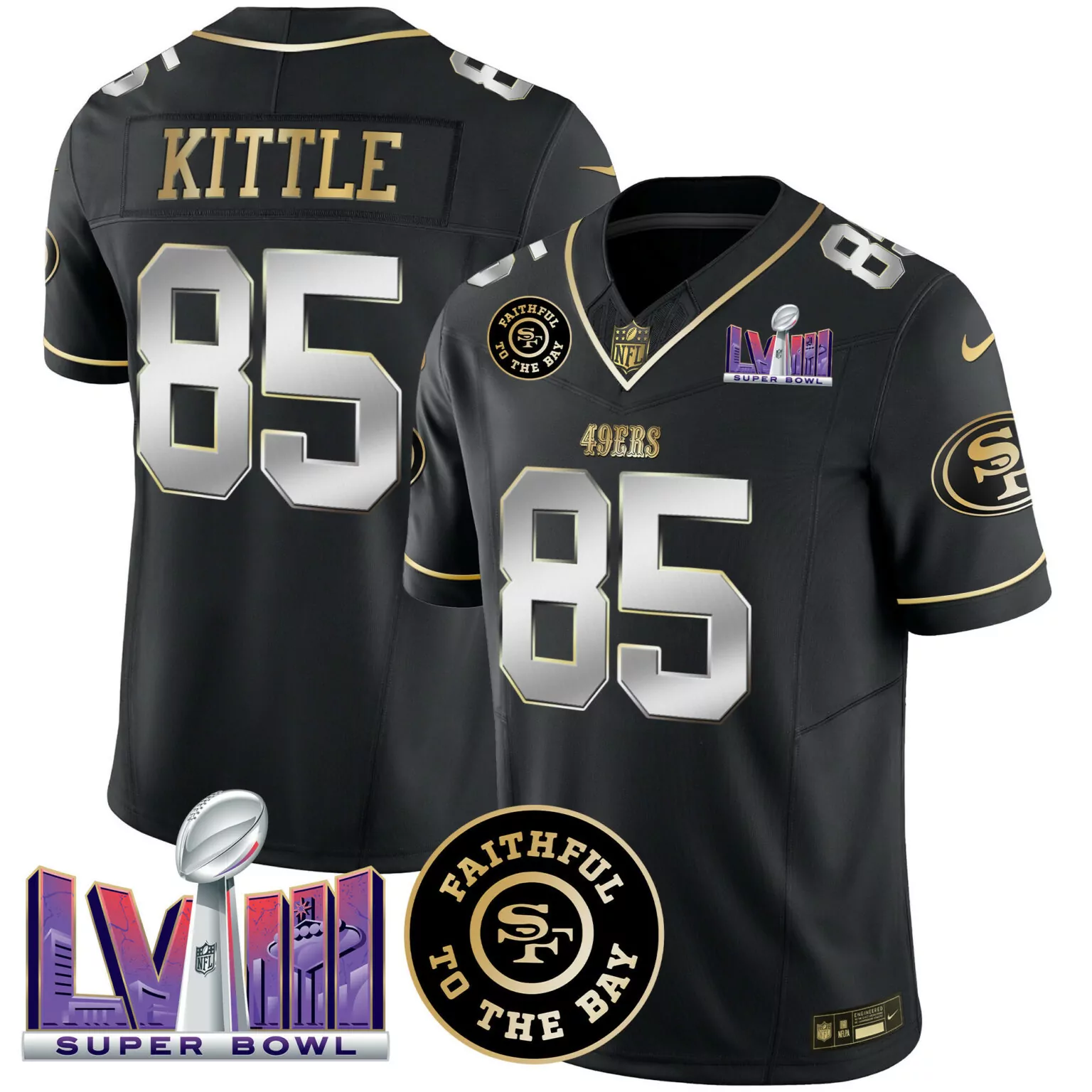 George Kittle 85 49ERS Jersey Black Super Bowl Lviii Faithful To Bay Men Replica