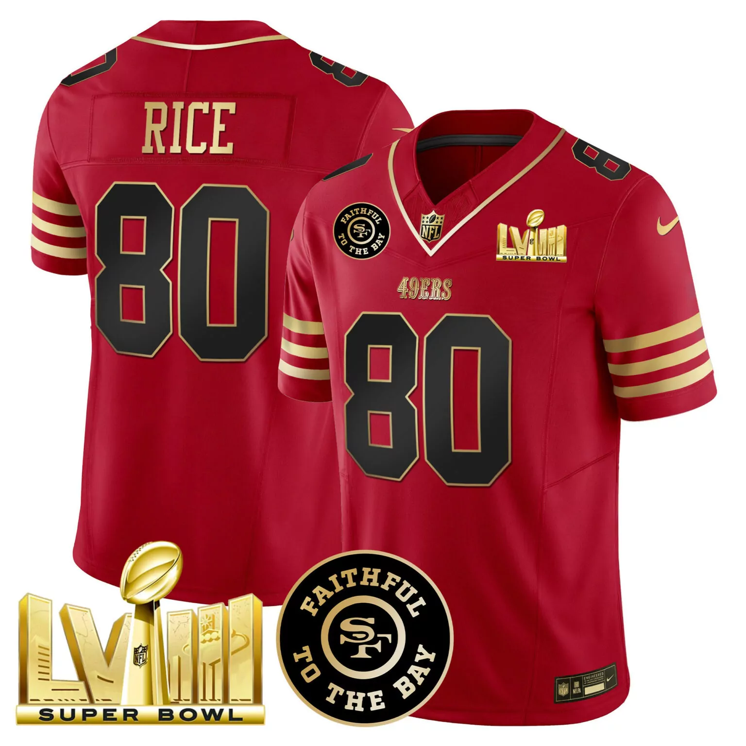 Jerry Rice 80 49ERS Jersey Red Super Bowl Lviii Faithful To Bay Men Authentic Gold