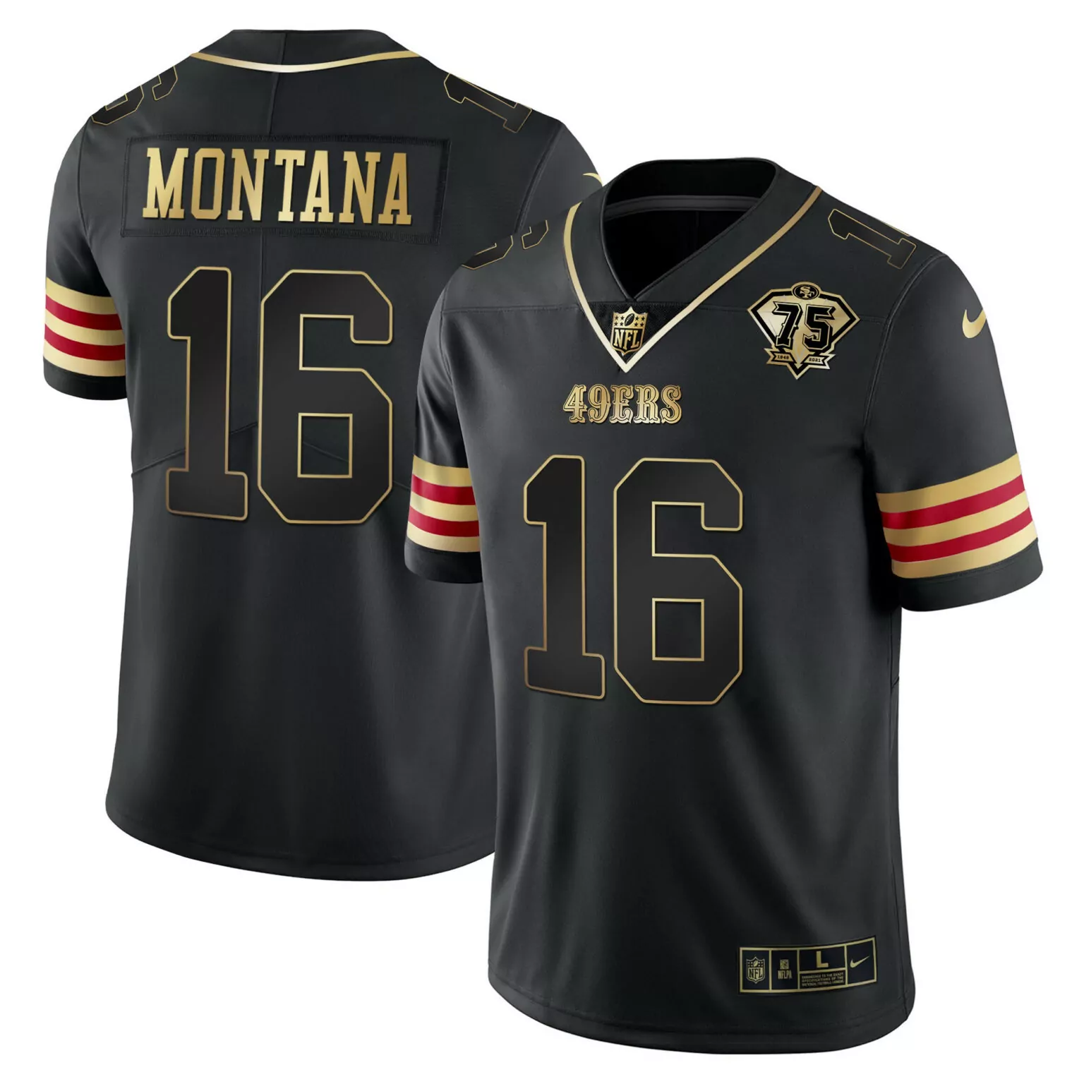 Joe Montana 16 49ERS Jersey Black 75th Anniversary Men Replica Alternate Gold Red
