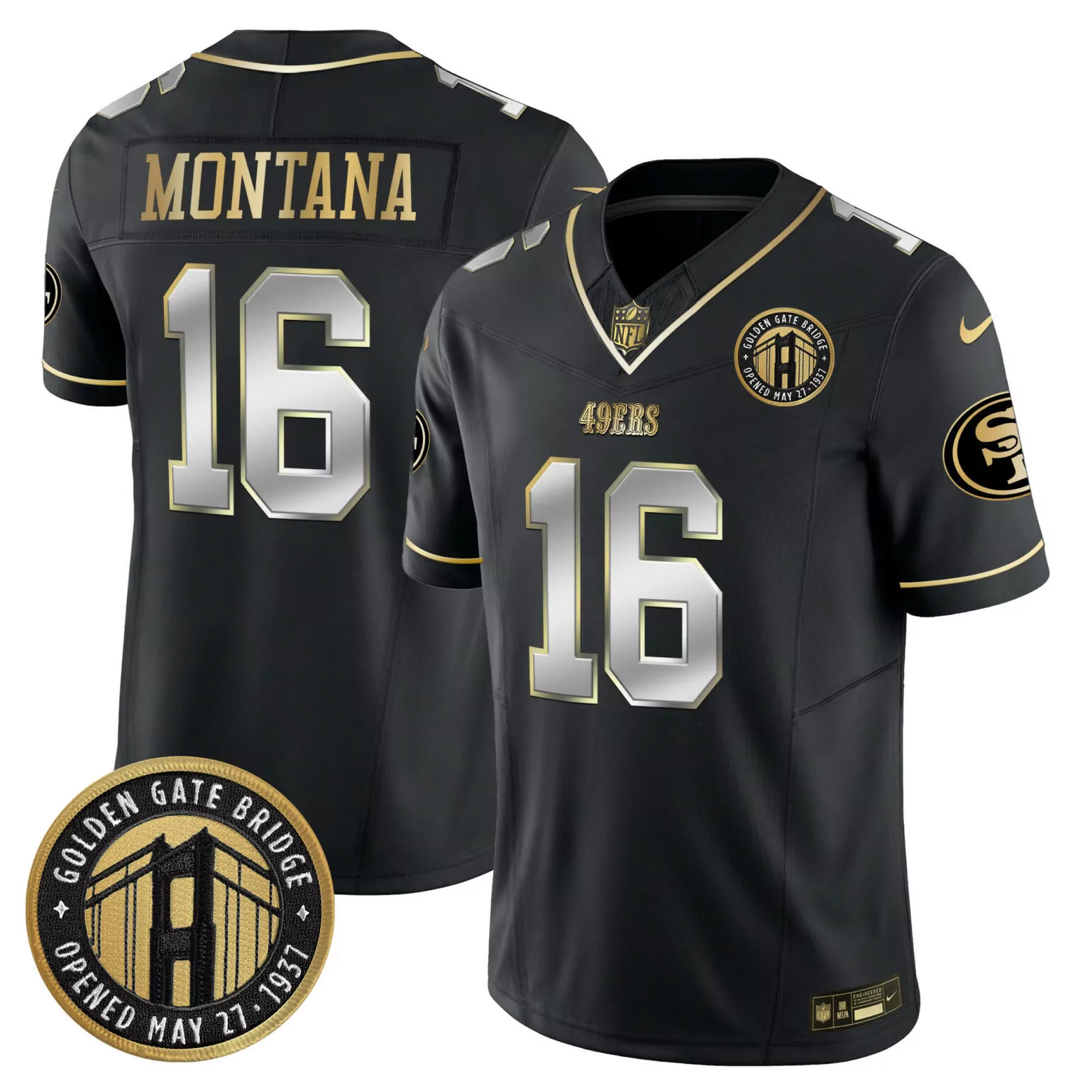 Joe Montana 16 49ERS Jersey Black Golden Gate Bridge Men Replica Gold Silver All