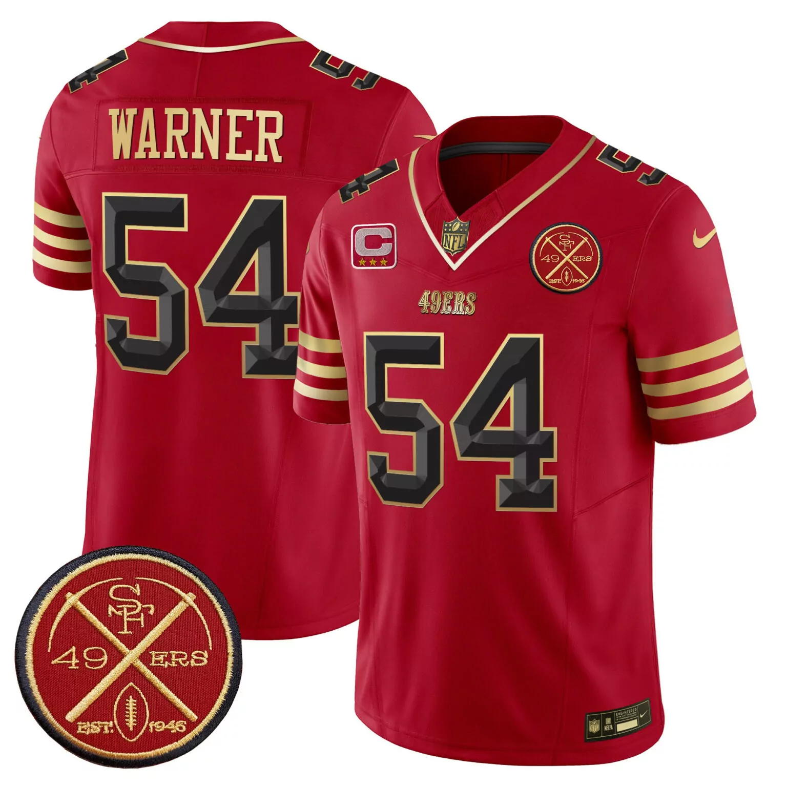 Fred Warner 54 49ERS Jersey Red 1946 Men Gold Black v2 All Stitched