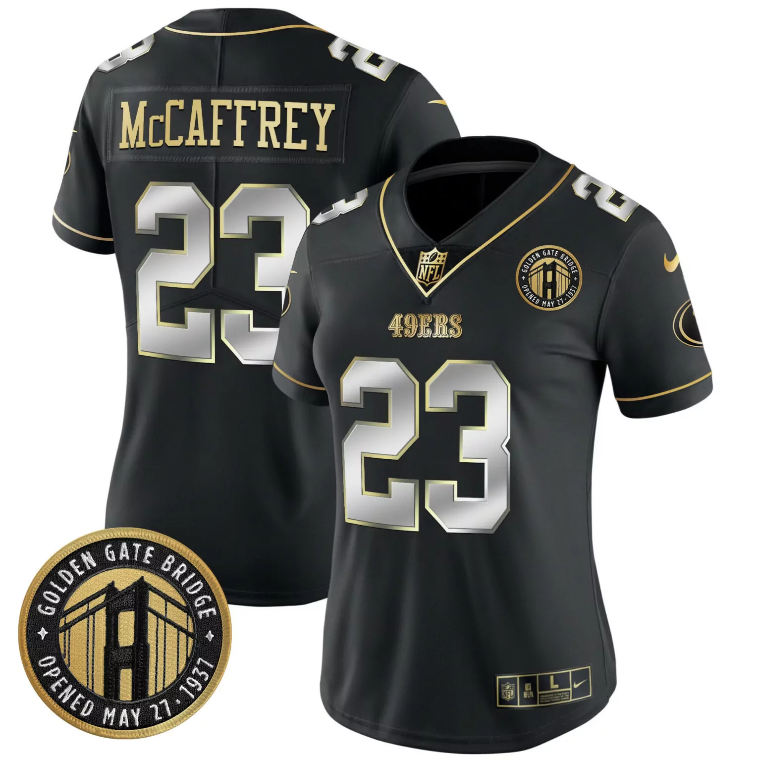 Christian Mccaffrey 23 49ERS Jersey Black Women Game Gold Silver All Stitched