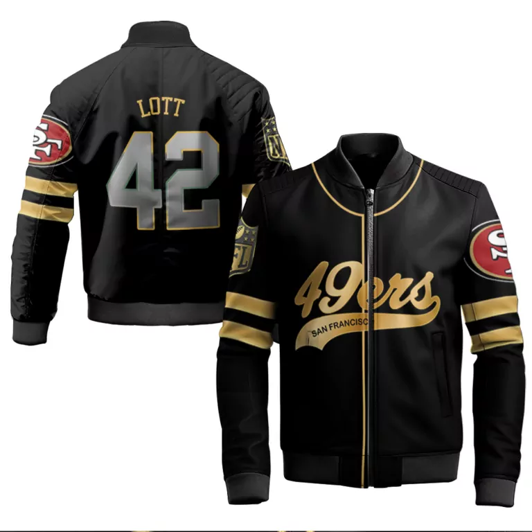 Ronnie Lott 42 Jersey Black San Francisco 49ers Men Bomber Jacket Split Design Gold