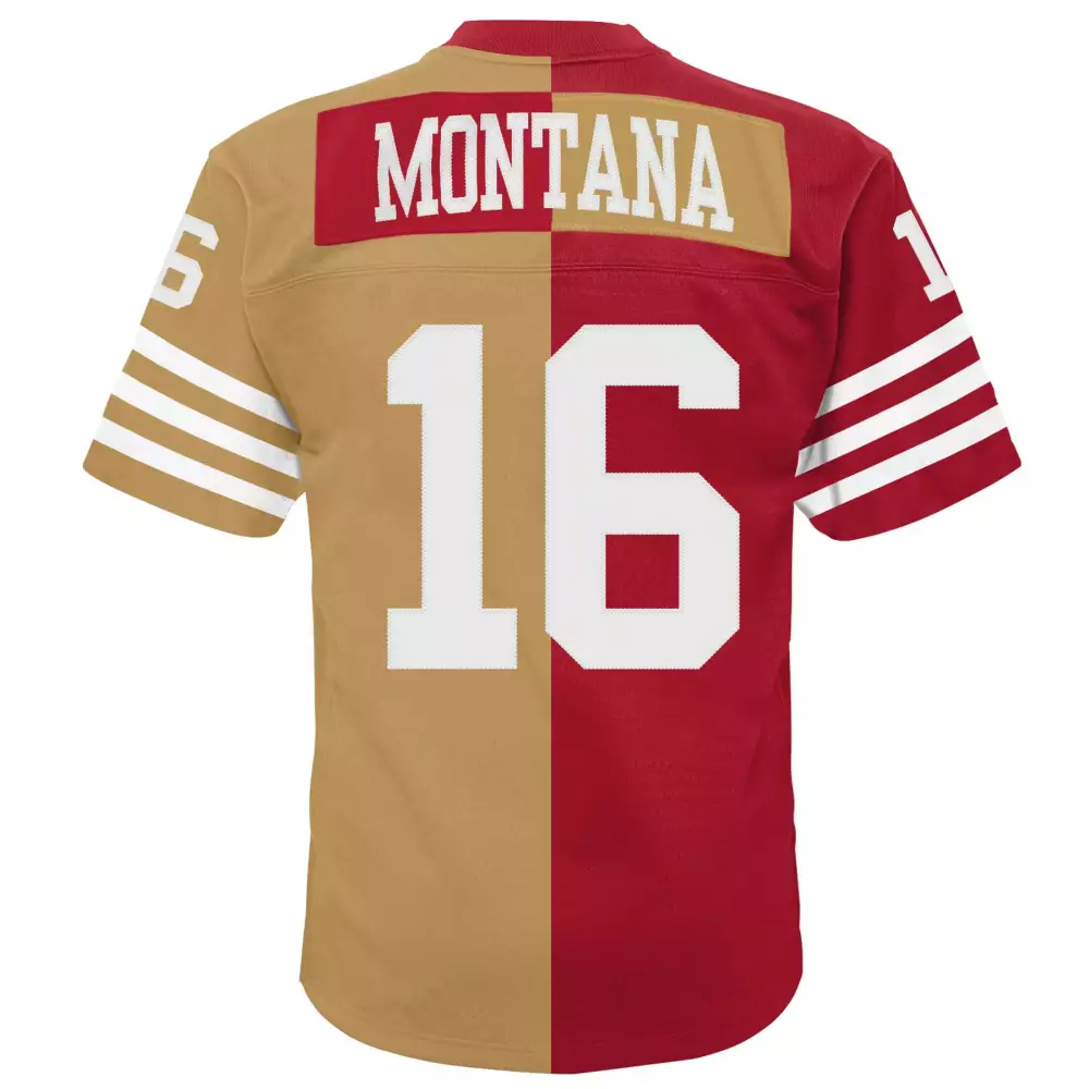 Joe Montana 16 49ers Jersey Red Men Split Design Gold Legacy