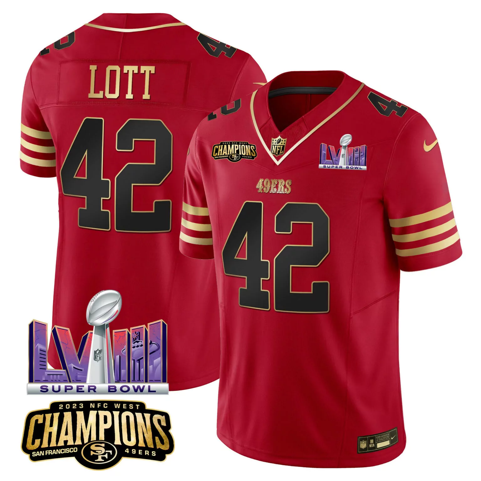 Ronnie Lott 42 49ERS Jersey Red Super Bowl Lvii 2023 NFC West Champions Men Official