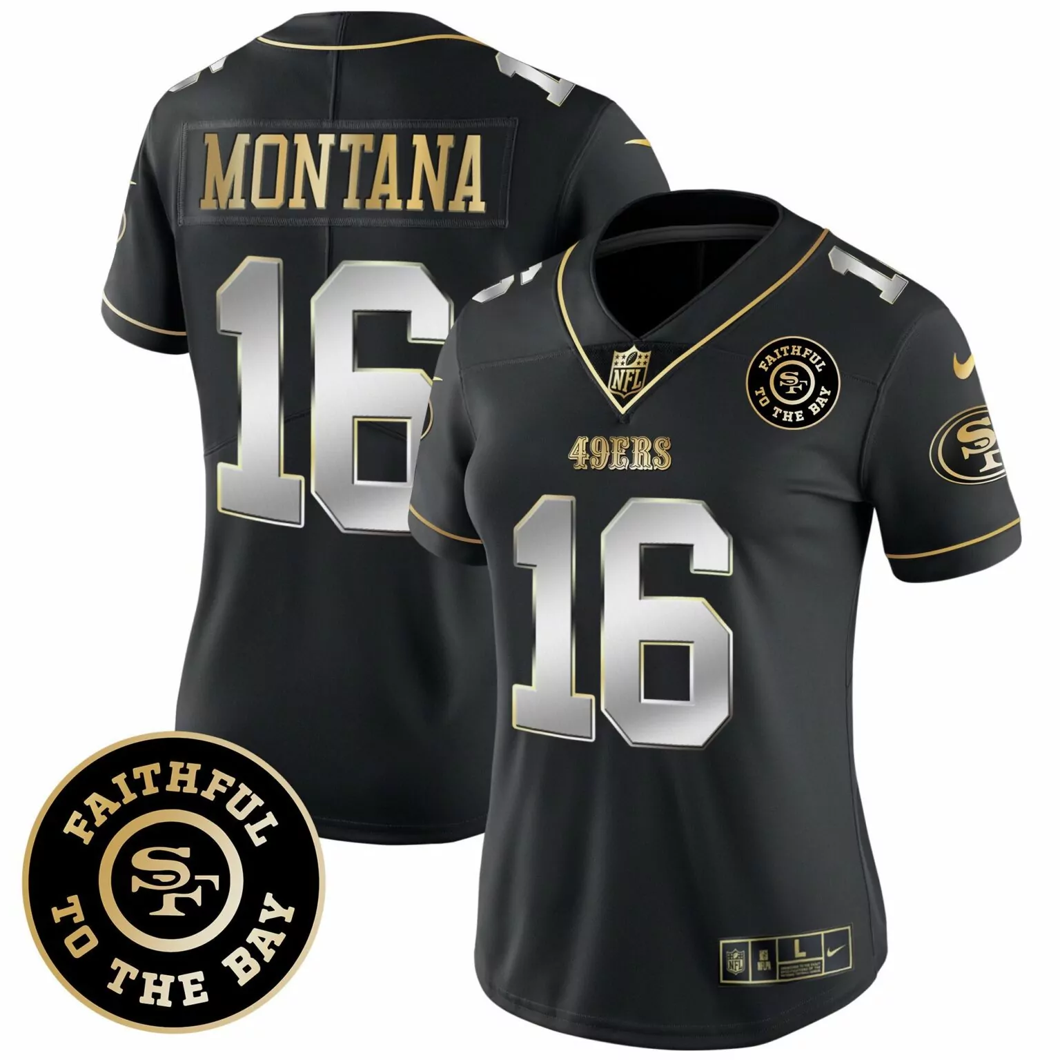 Joe Montana 16 49ERS Jersey Black Faithful To The Bay Men Player Gold Silver All