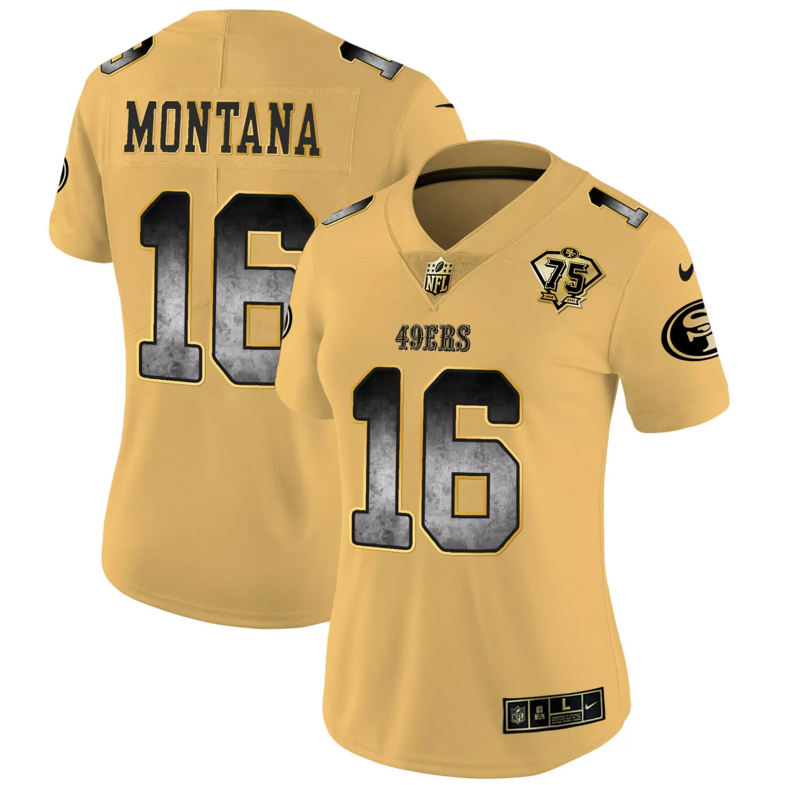 Joe Montana 16 49ERS Jersey Gold 75th Anniversary 2021 Women Throwback Design Black
