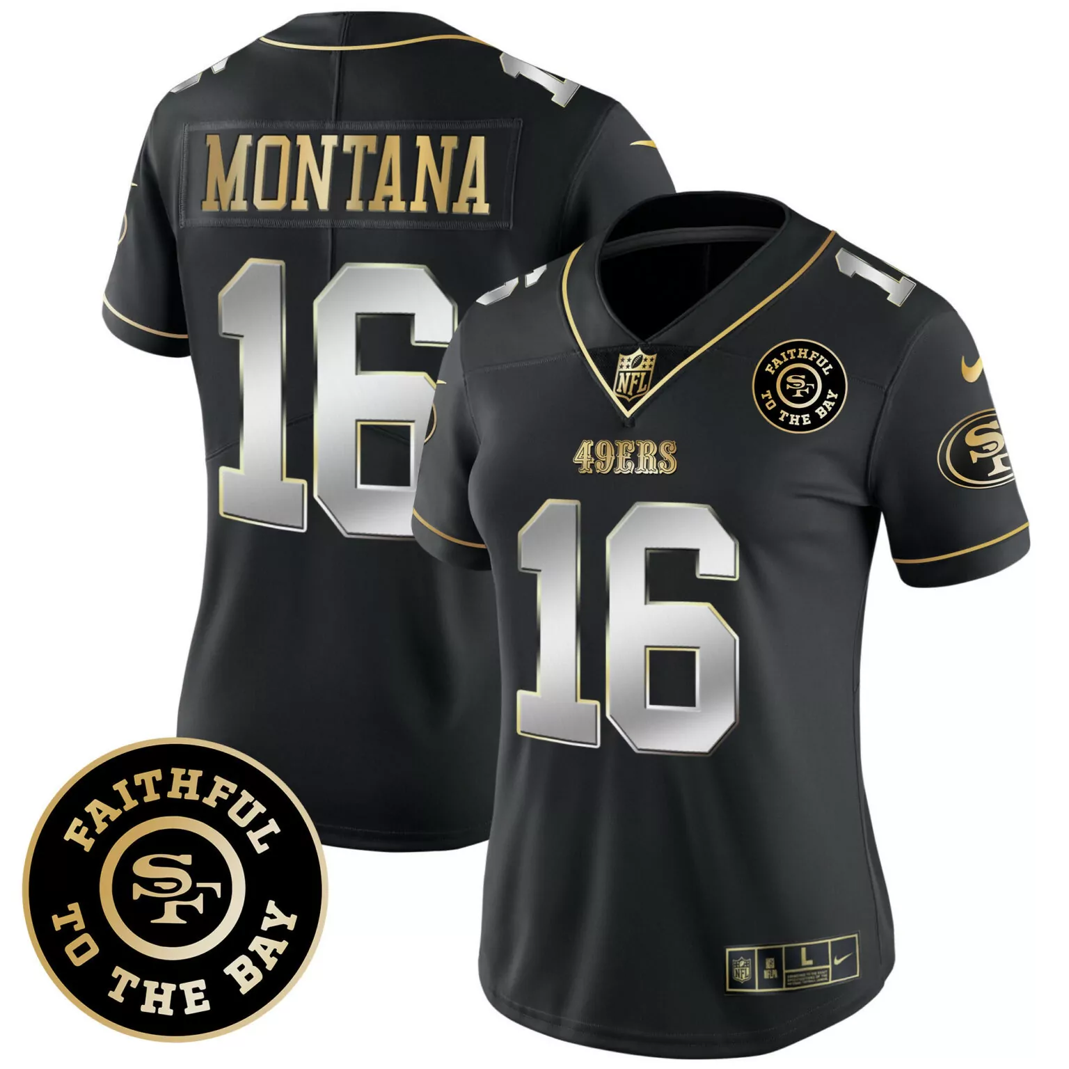 Joe Montana 16 49ERS Jersey Black Faithful To The Bay Men Gold Silver All Stitched