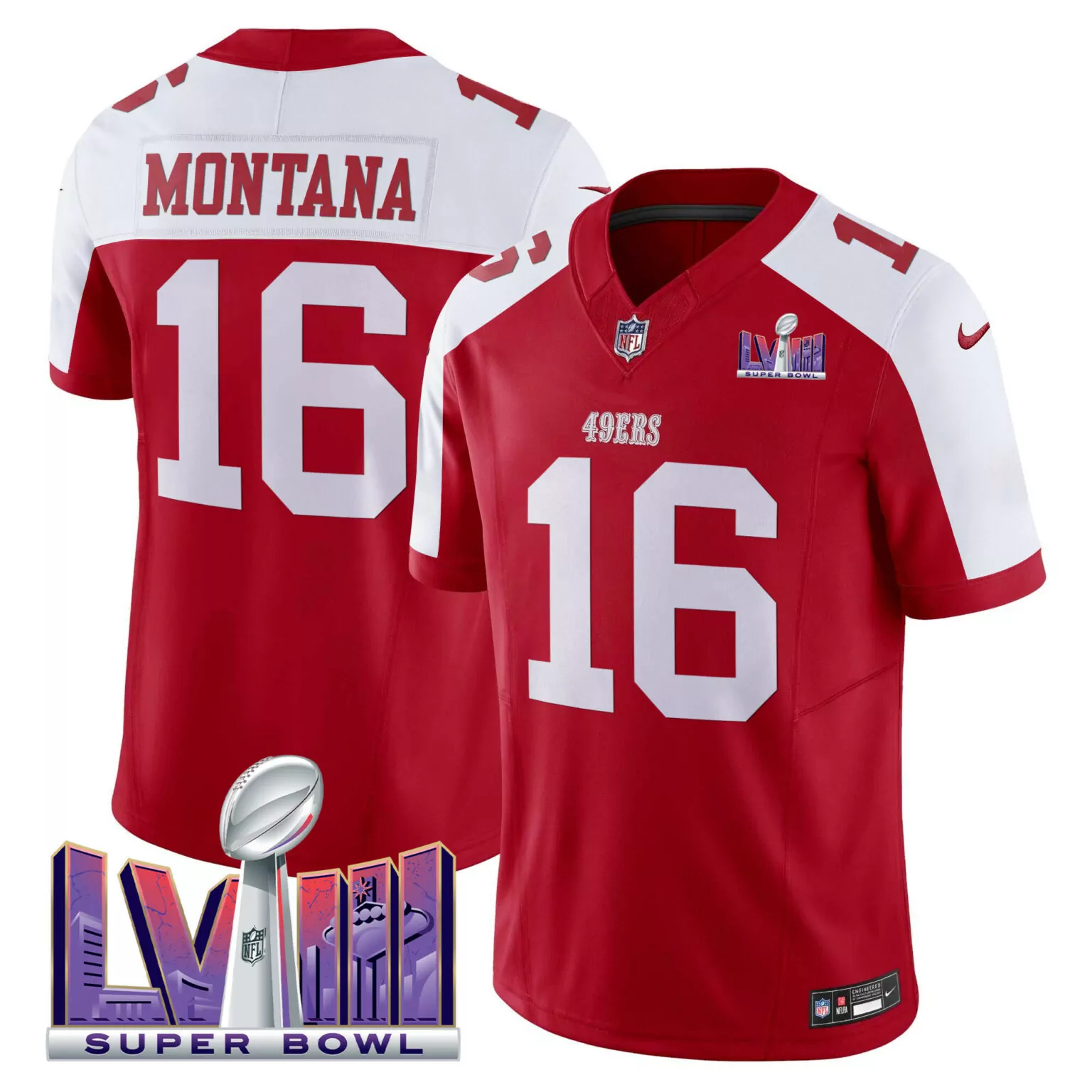 Joe Montana 16 49ERS Jersey Red Super Bowl Lviii Men Standard White Alternate All