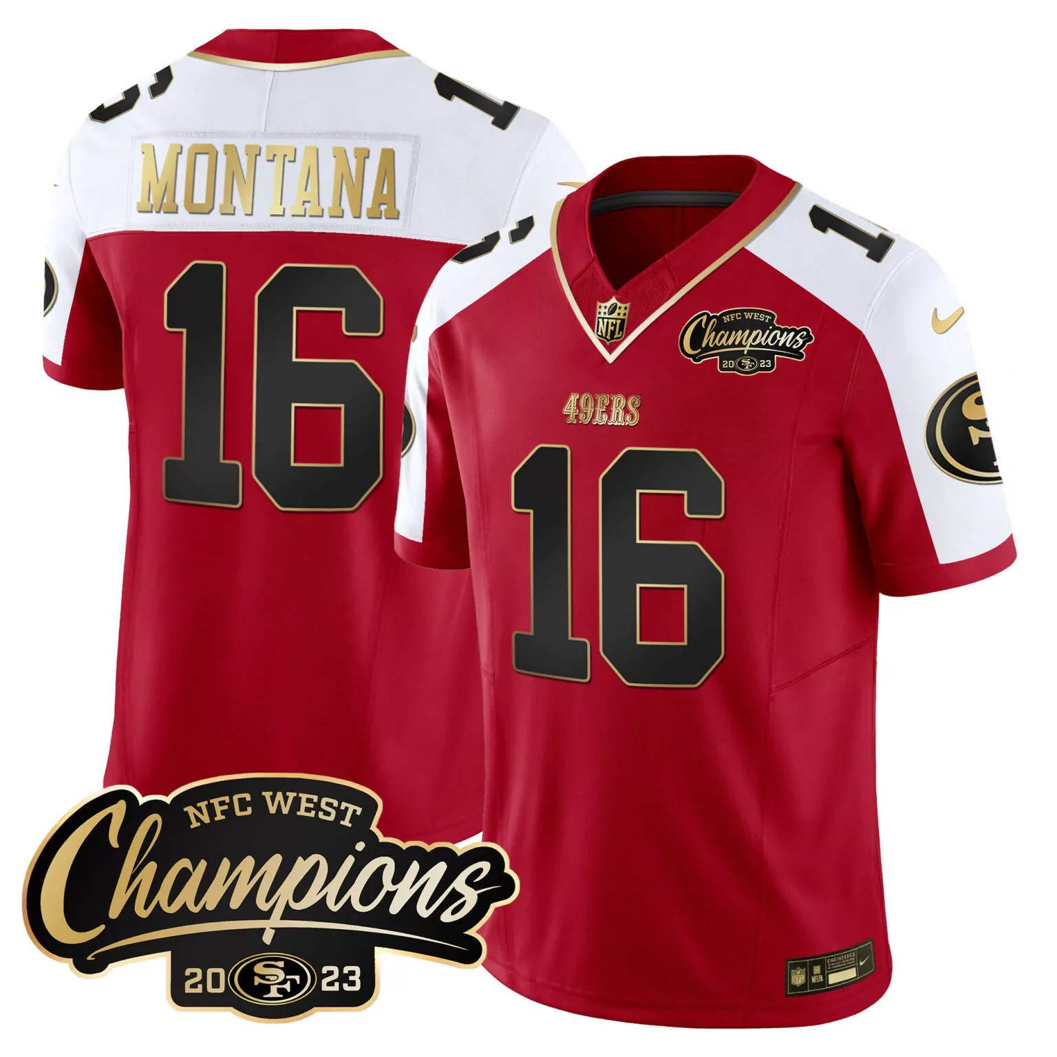 Joe Montana 16 49ERS Jersey Red NFC West Champions 2023 Men White Gold Black Alternate
