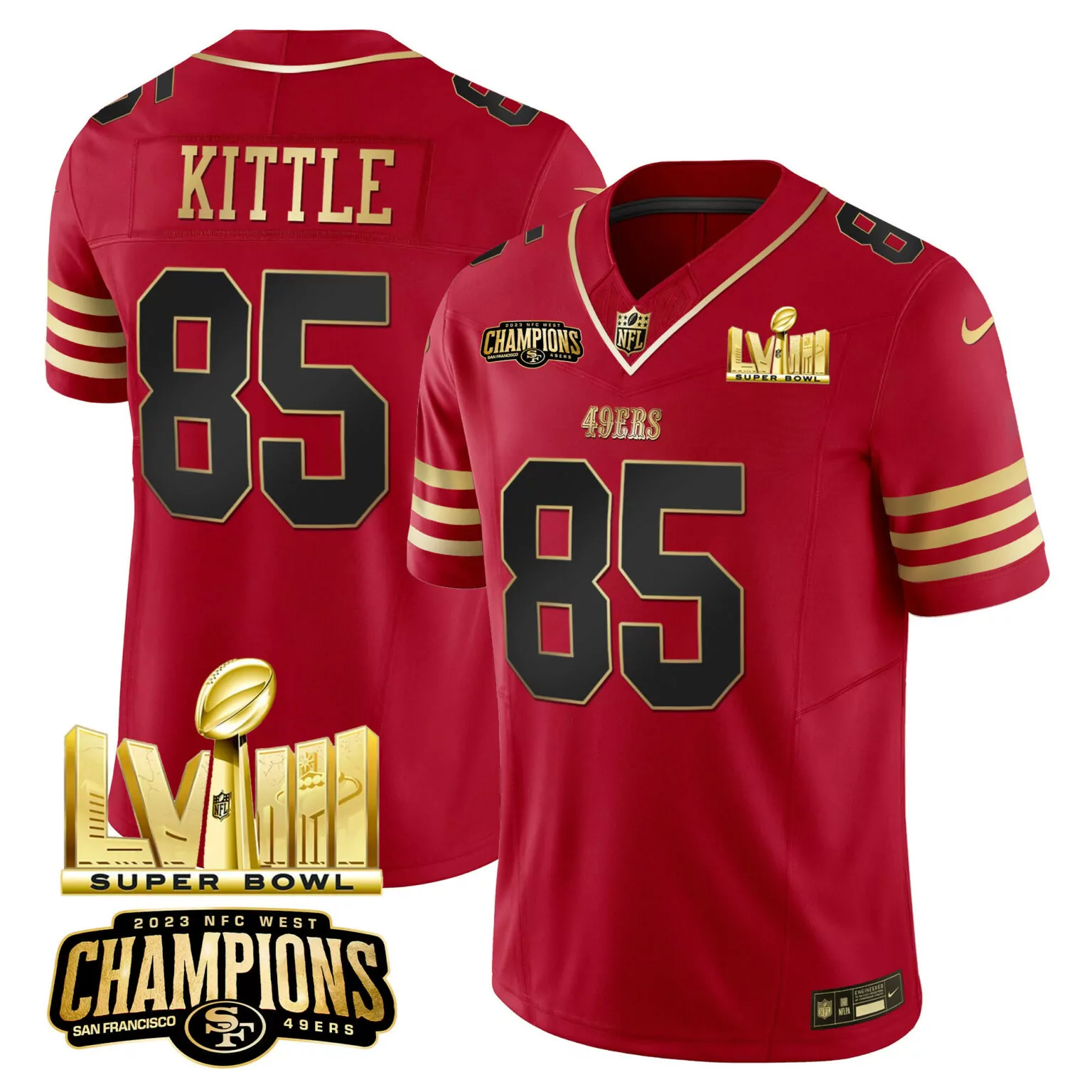 George Kittle 85 49ERS Jersey Red Super Bowl Lviii 2023 NFC West Champions Men Gold