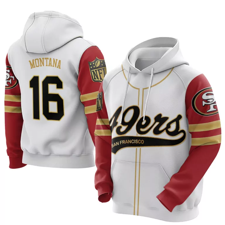 Joe Montana 16 Jersey White San Francisco 49ers Men Hoodie Split Design Red Gold