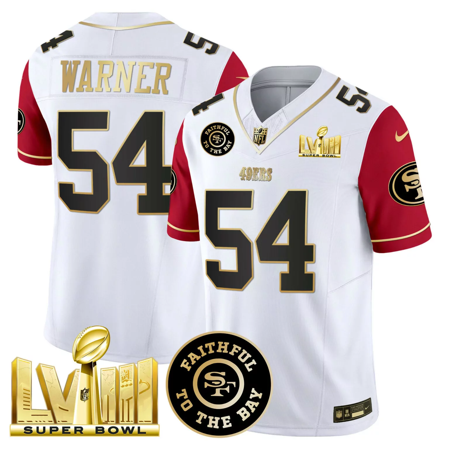 Fred Warner 54 49ERS Jersey White Super Bowl Lviii Faithful To Bay Men NFL Red Black