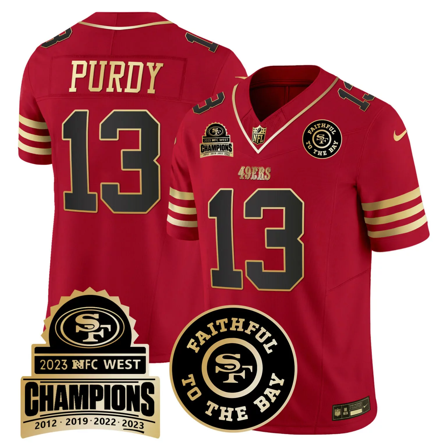 Brock Purdy 13 49ERS Jersey Red Faithful To Bay Men NFL Gold Black v3 All Stitched