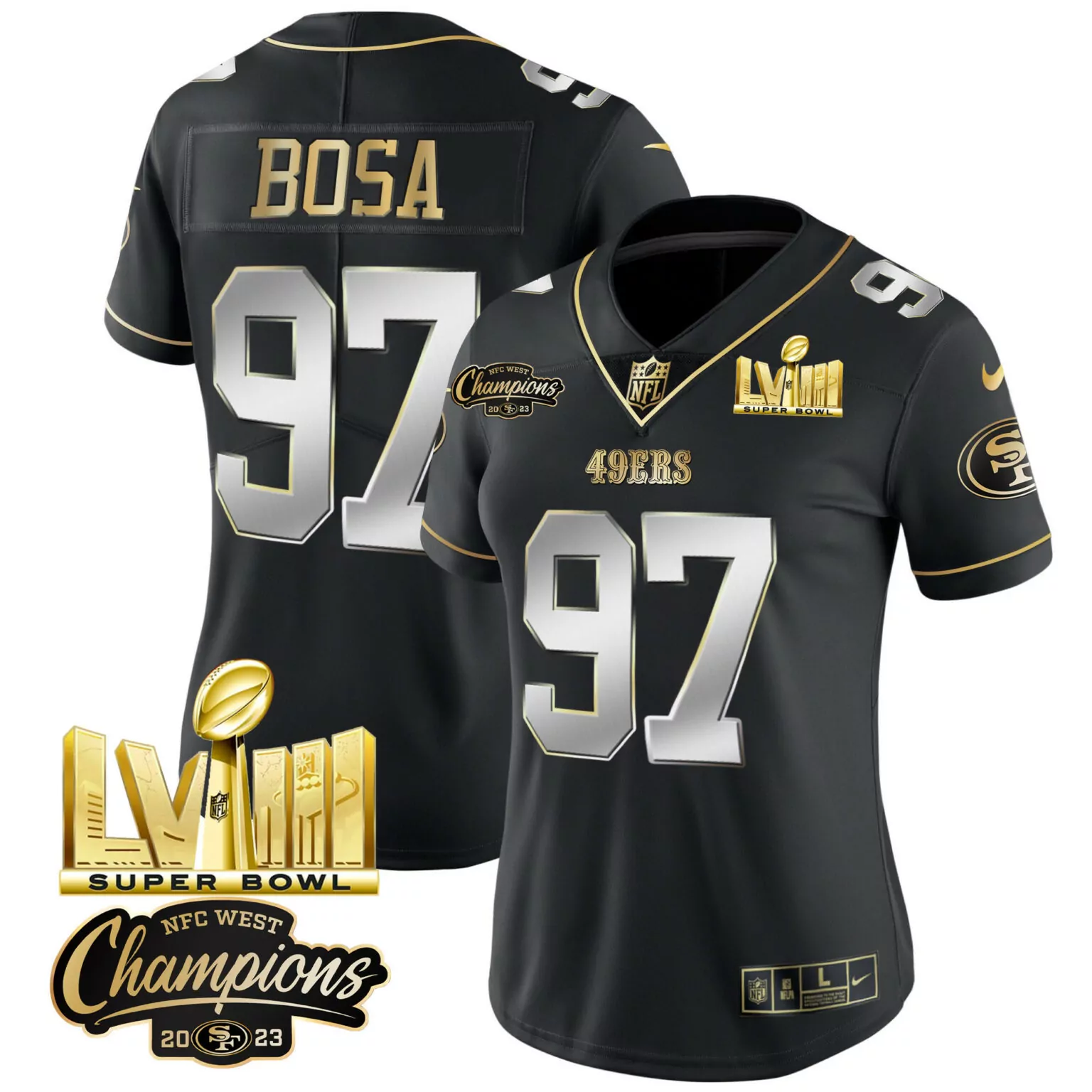 Nick Bosa 97 49ERS Jersey Black Super Bowl Lvii Champions NFC West 2023 Men Player