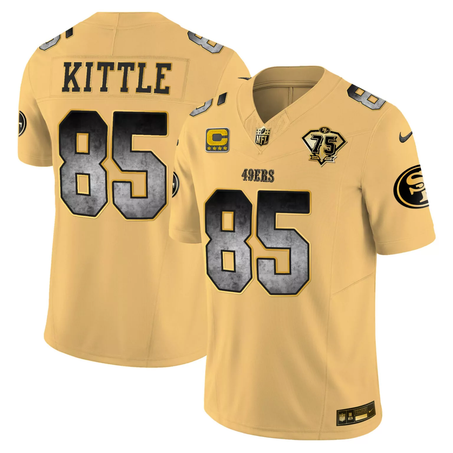 George Kittle 85 49ERS Jersey Gold 75th Anniversary Men Game Black Grey White All