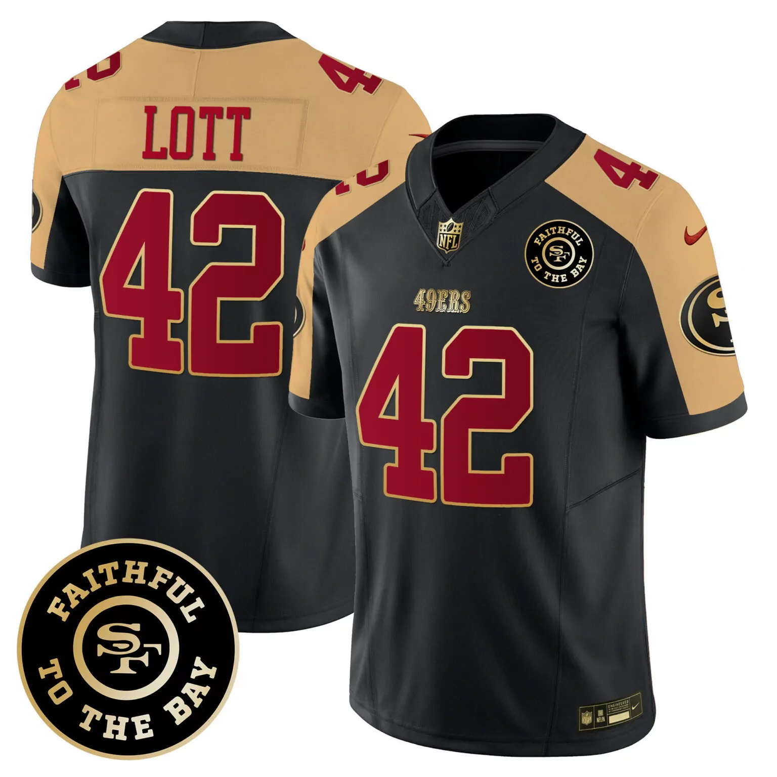 Ronnie Lott 42 49ERS Jersey Black Faithful To Bay Men Alternate Split Design Gold