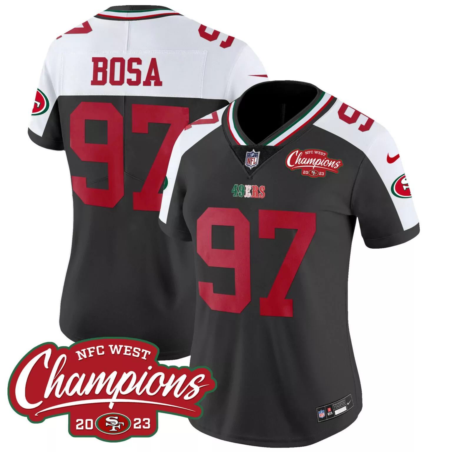 Nick Bosa 97 49ERS Jersey Black NFC West Champions 2023 Men Standard Alternate Red
