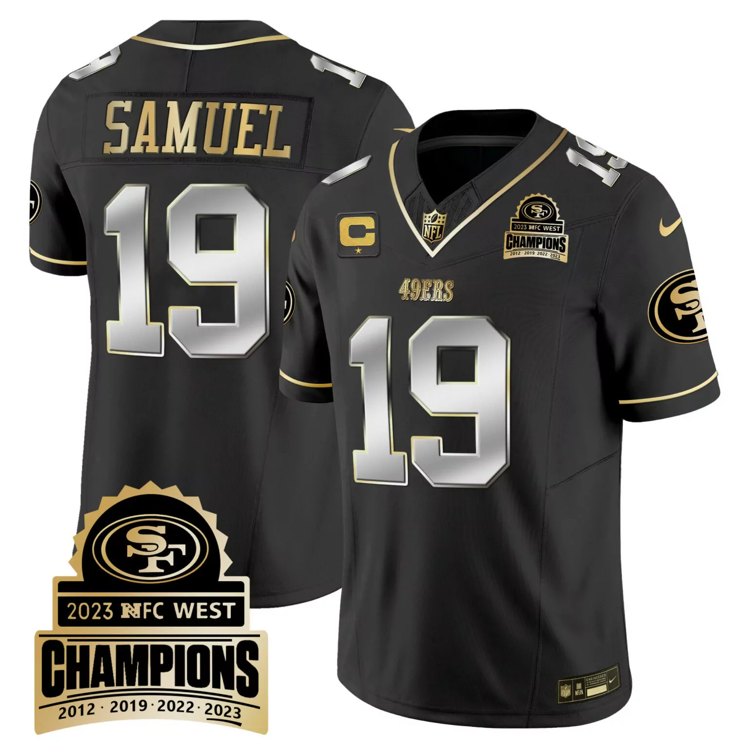 Deebo Samuel 19 49ERS Jersey Black 2023 NFC West Champions Men Gold Silver v4 All