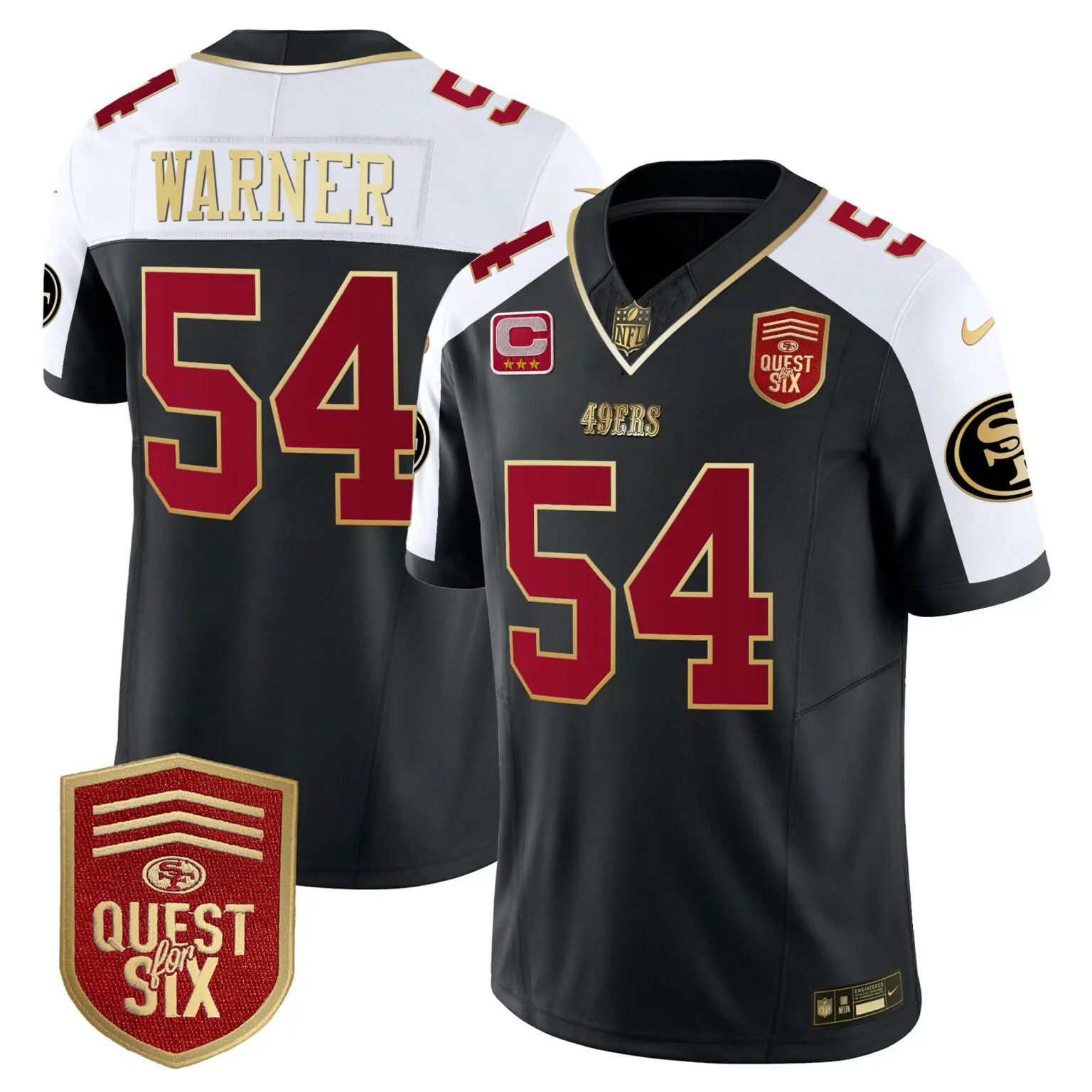 Fred Warner 54 49ERS Jersey Black Quest For Six Men Alternate White Gold All Stitched
