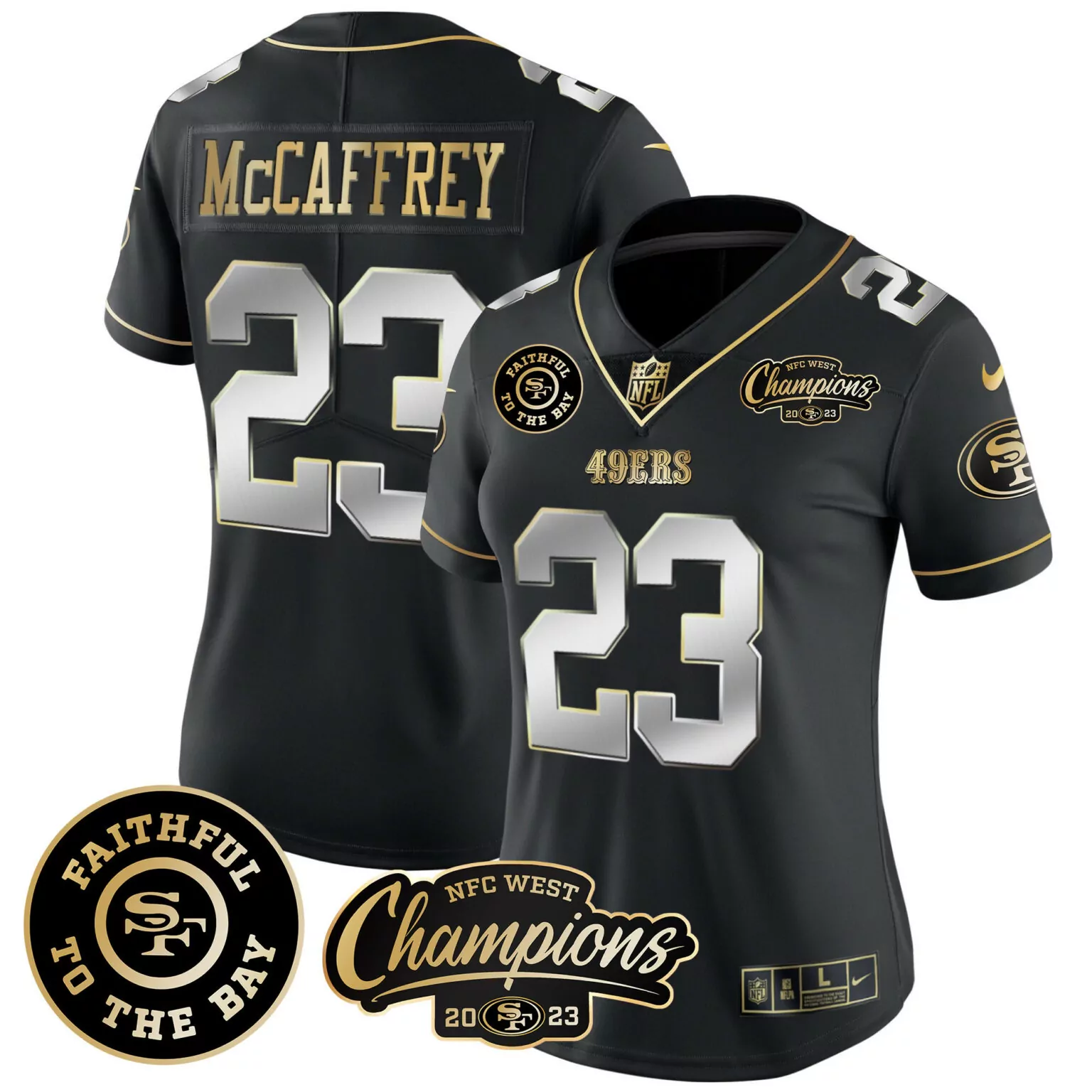Christian Mccaffrey 23 49ERS Jersey Black NFC West Champions 2023 Men Replica Gold
