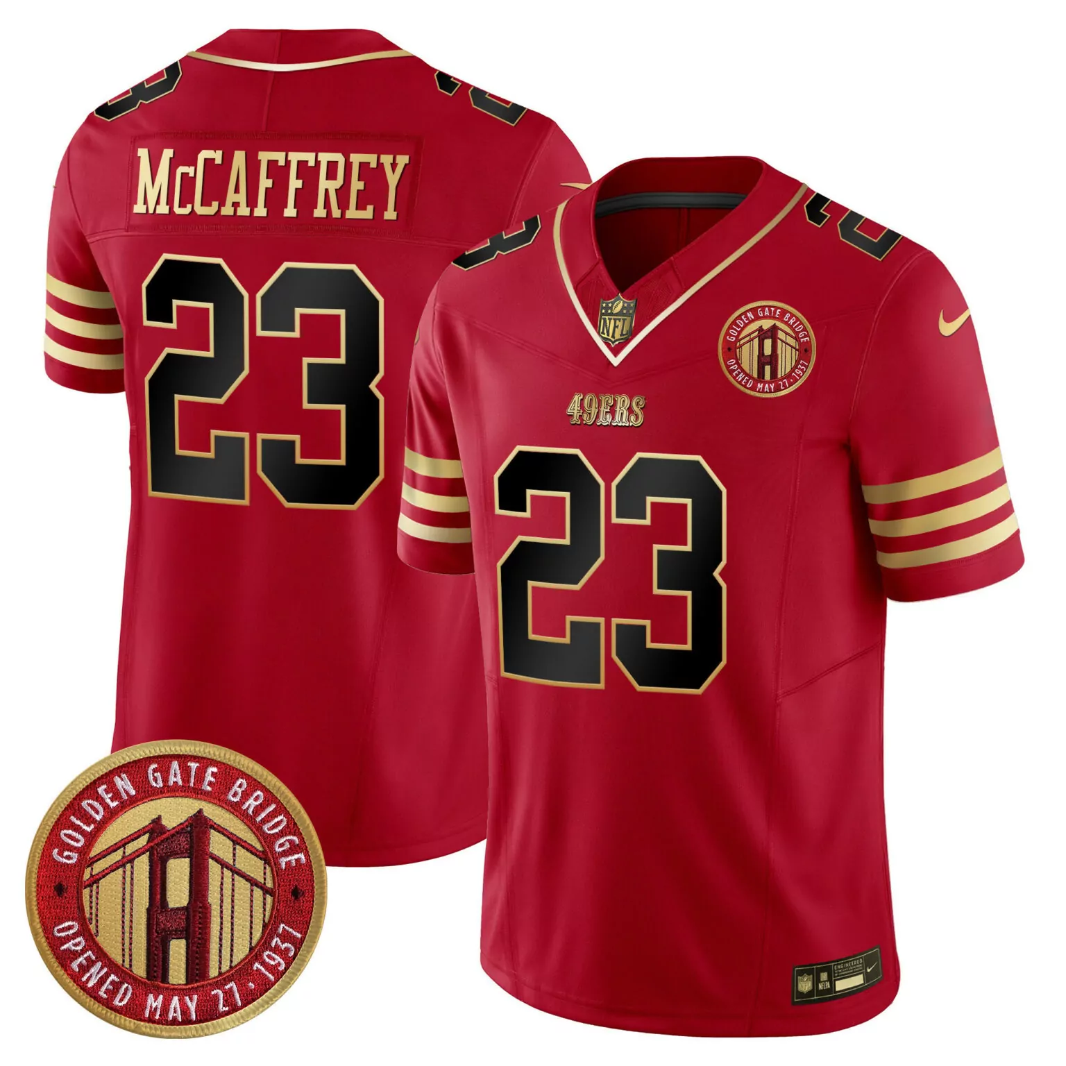 Christian Mccaffrey 23 49ERS Jersey Red Men NFL Gold Black All Stitched