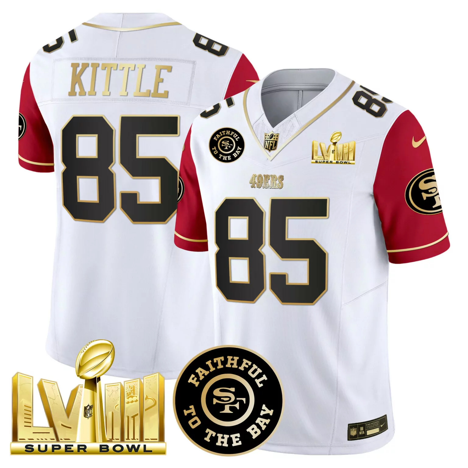 George Kittle 85 49ERS Jersey White Super Bowl Lviii Faithful To Bay Men Authentic