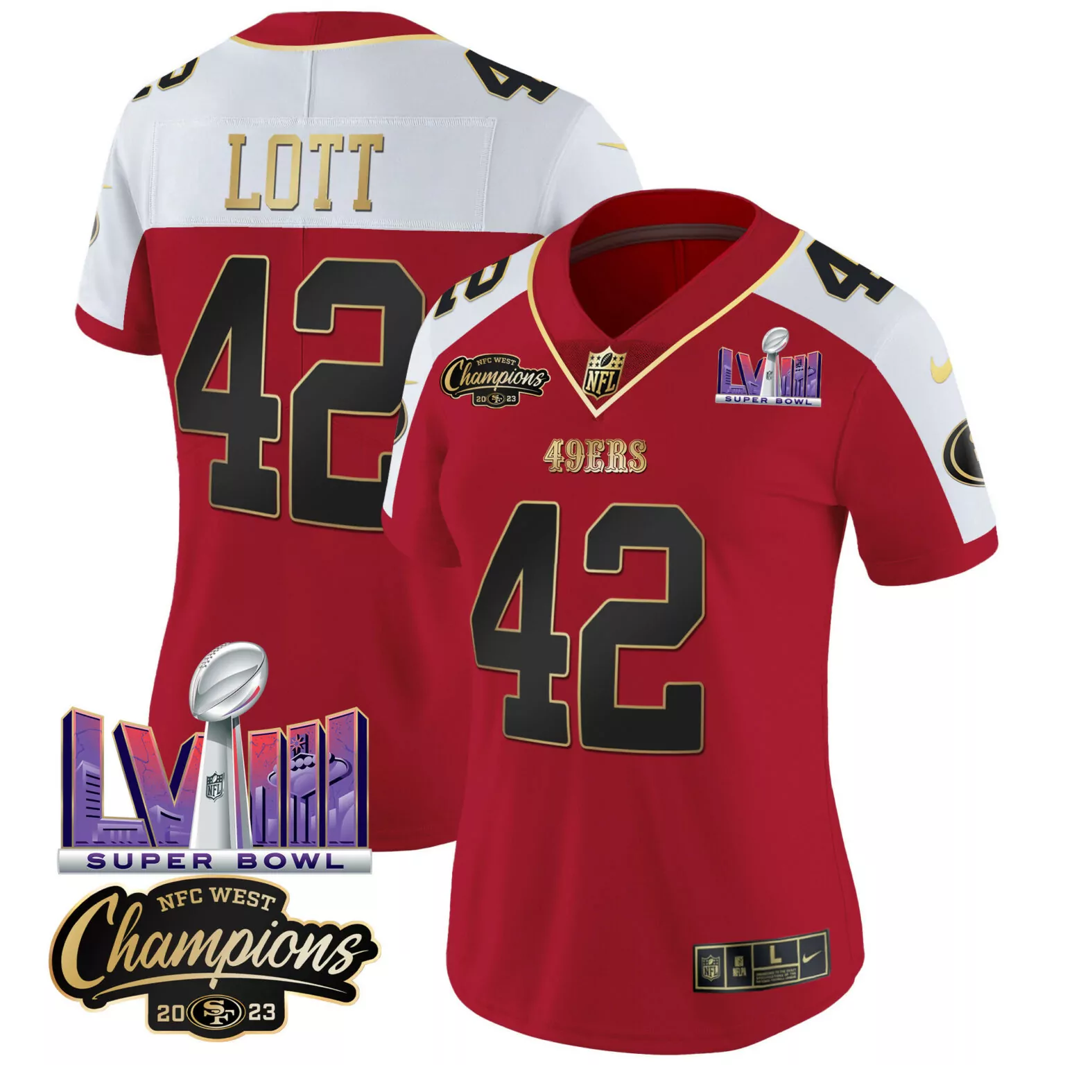 Ronnie Lott 42 49ERS Jersey Red Super Bowl Lviii Champions NFC West 2023 Men White