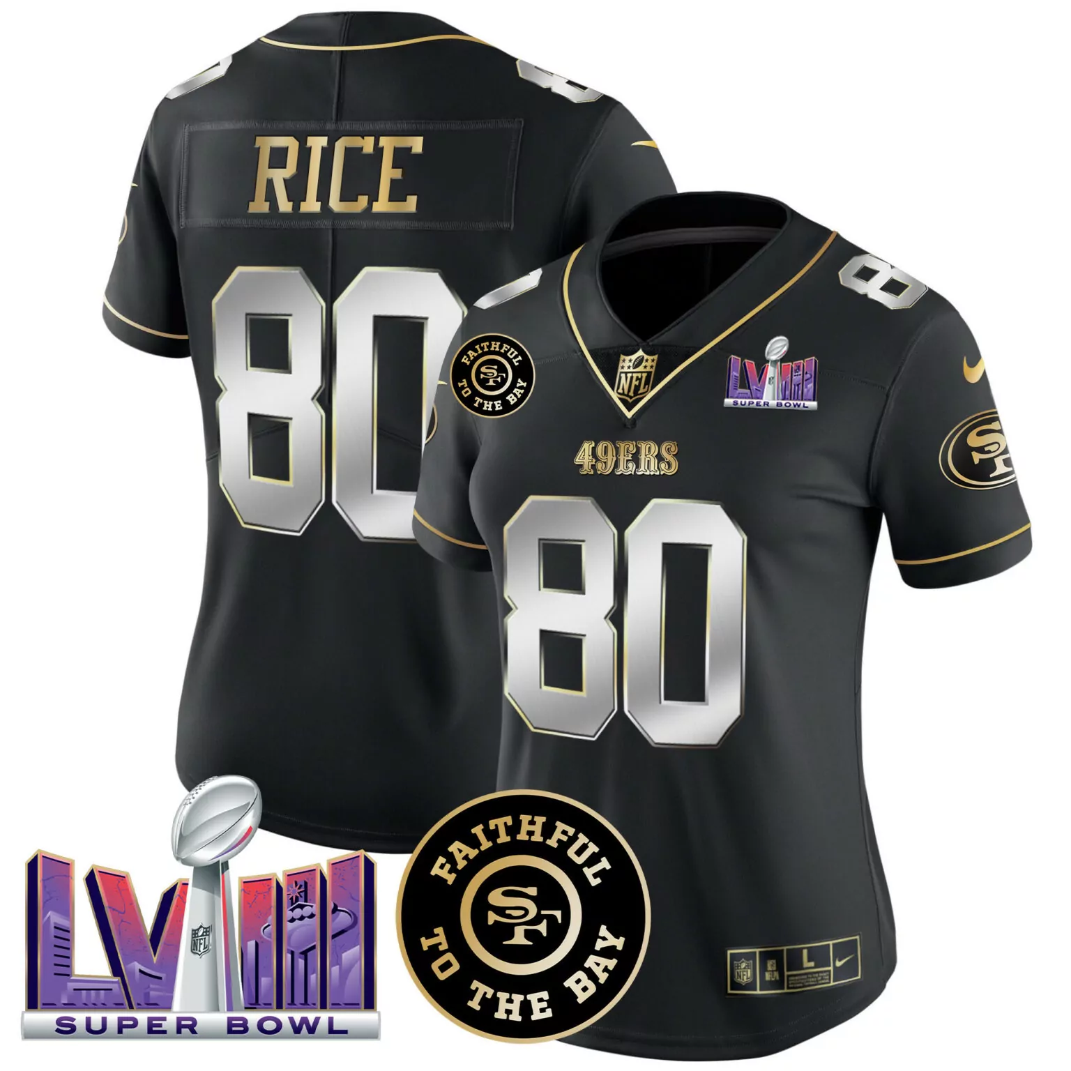 Jerry Rice 80 49ERS Jersey Black Super Bowl Lviii 2023 Men Throwback Gold Silver