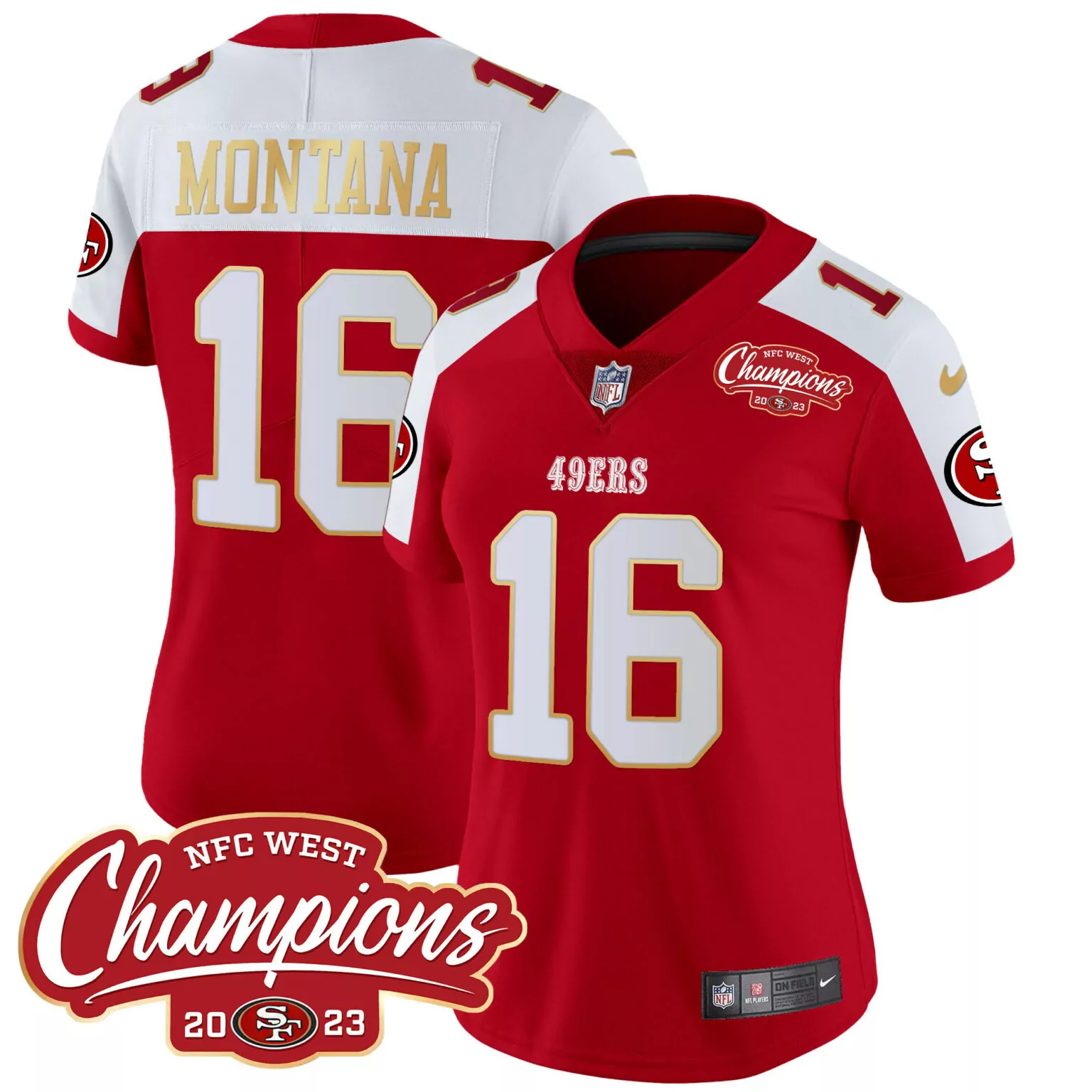 Joe Montana 16 49ERS Jersey Red NFC West Champions 2023 Women Replica White Gold