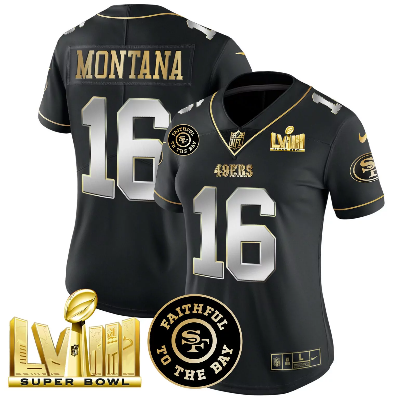 Joe Montana 16 49ERS Jersey Black Super Bowl Lvii Men Gold Silver All Stitched
