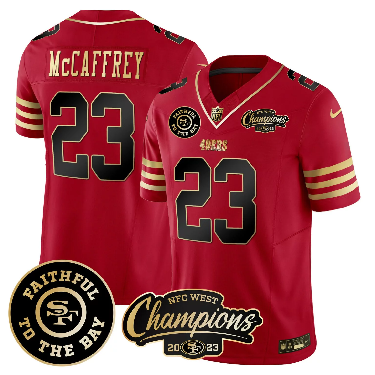 Christian Mccaffrey 23 49ERS Jersey Red NFC West Champions 2022-23 Faithful To Bay